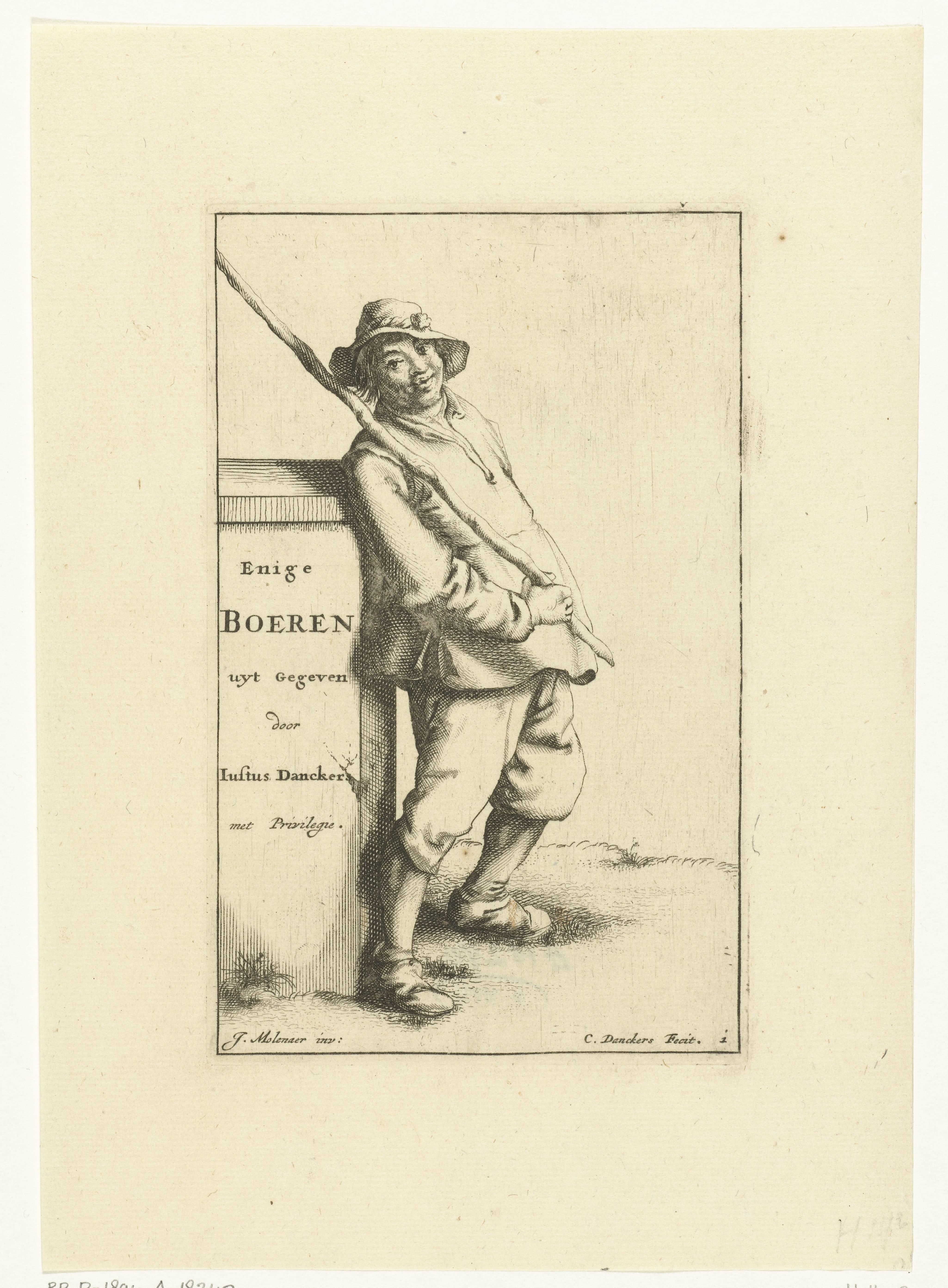 Boer met stok over schouder leunt tegen muurtje met titel