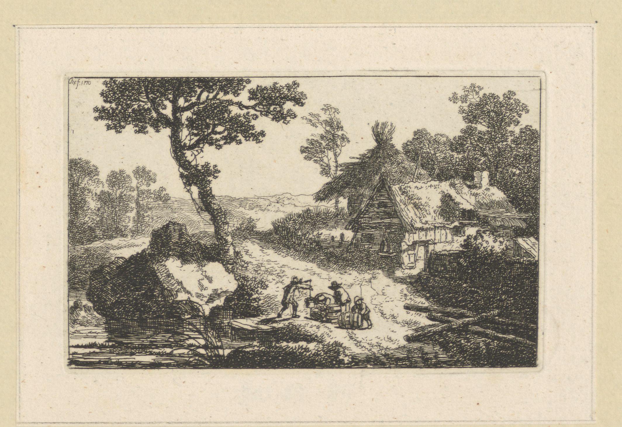 Landschap met boerderij en mannen die vaten verplaatsen