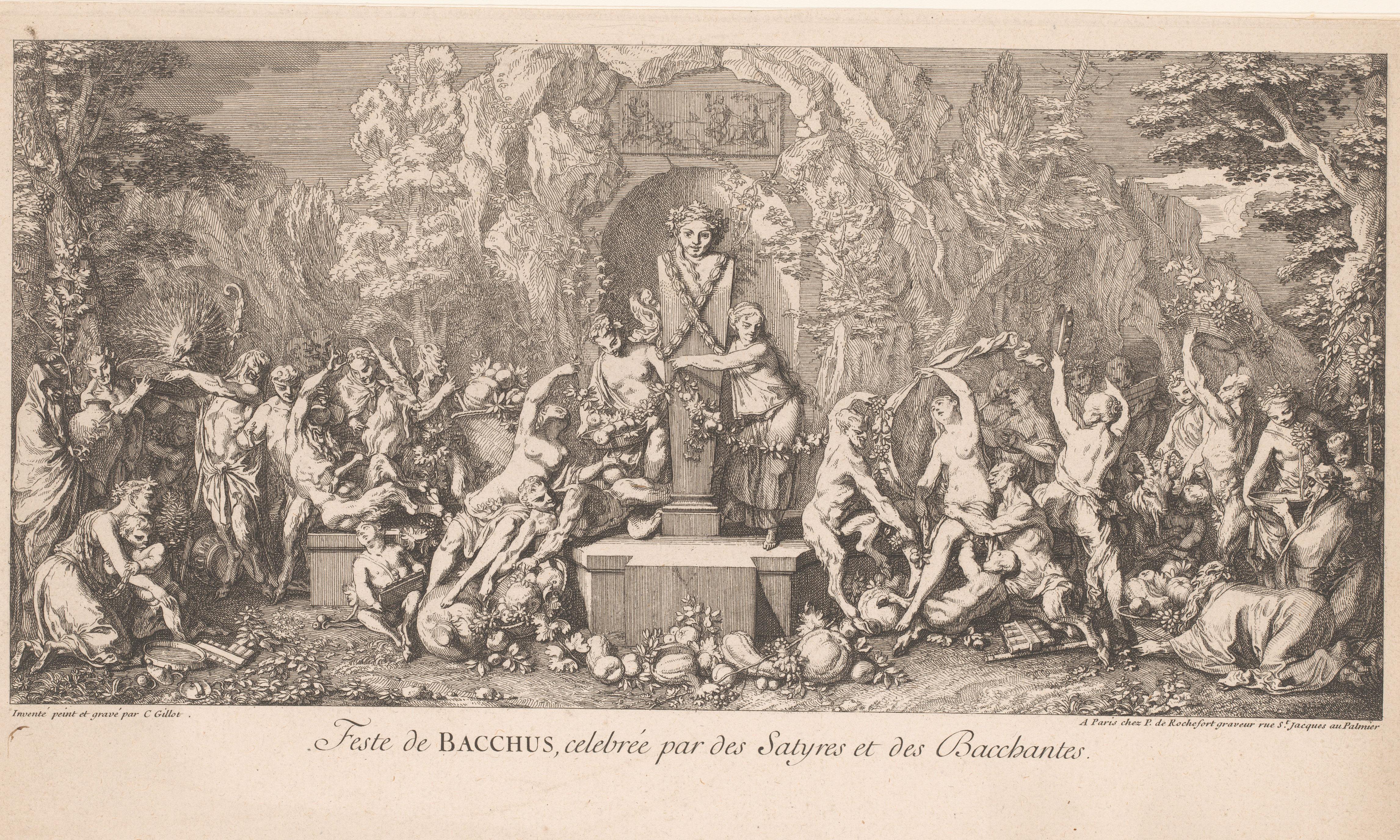 Bacchanaal met saters en bacchanten om een beeld van Bacchus