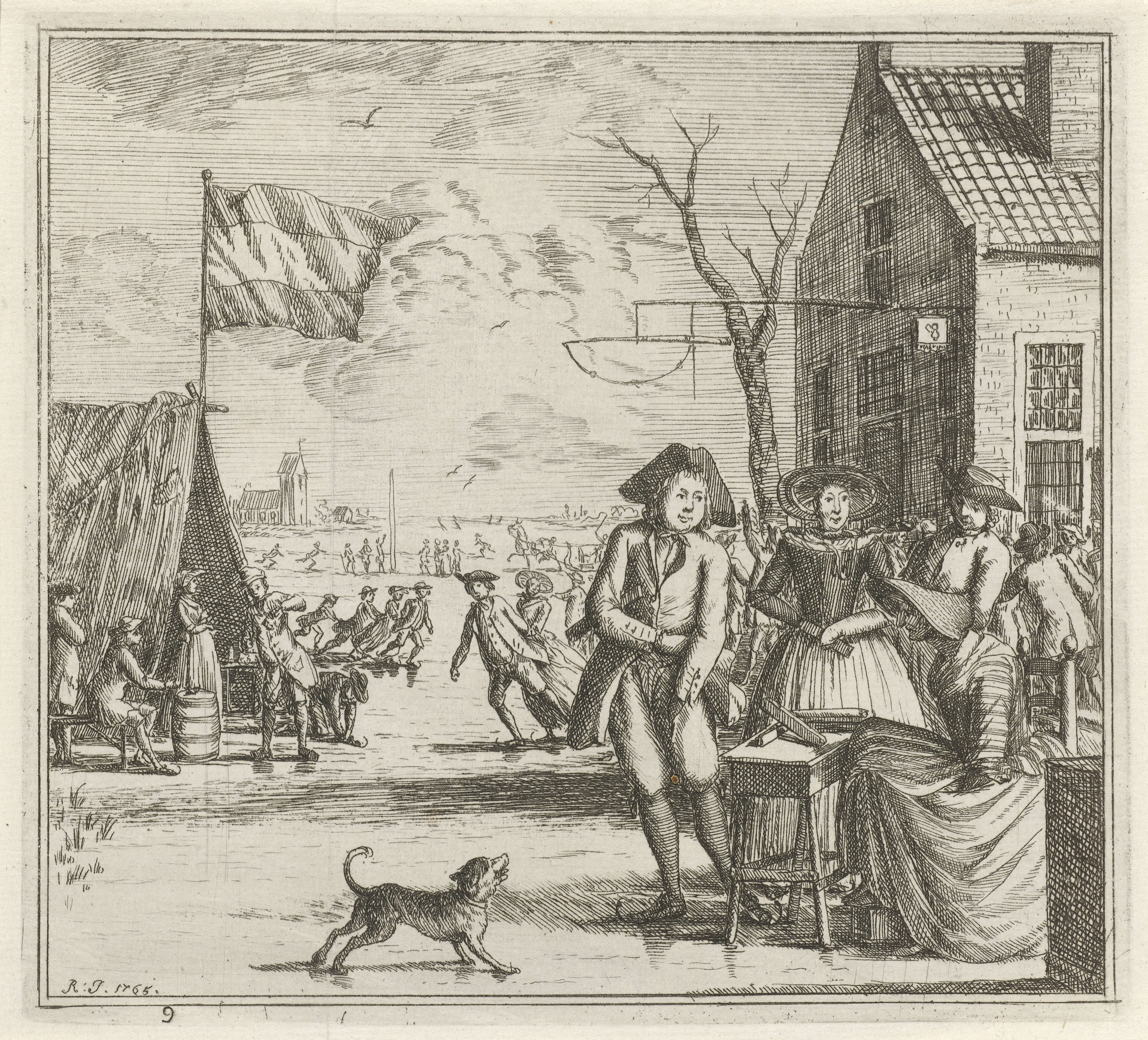 Winterlandschap met herberg en schaatsers