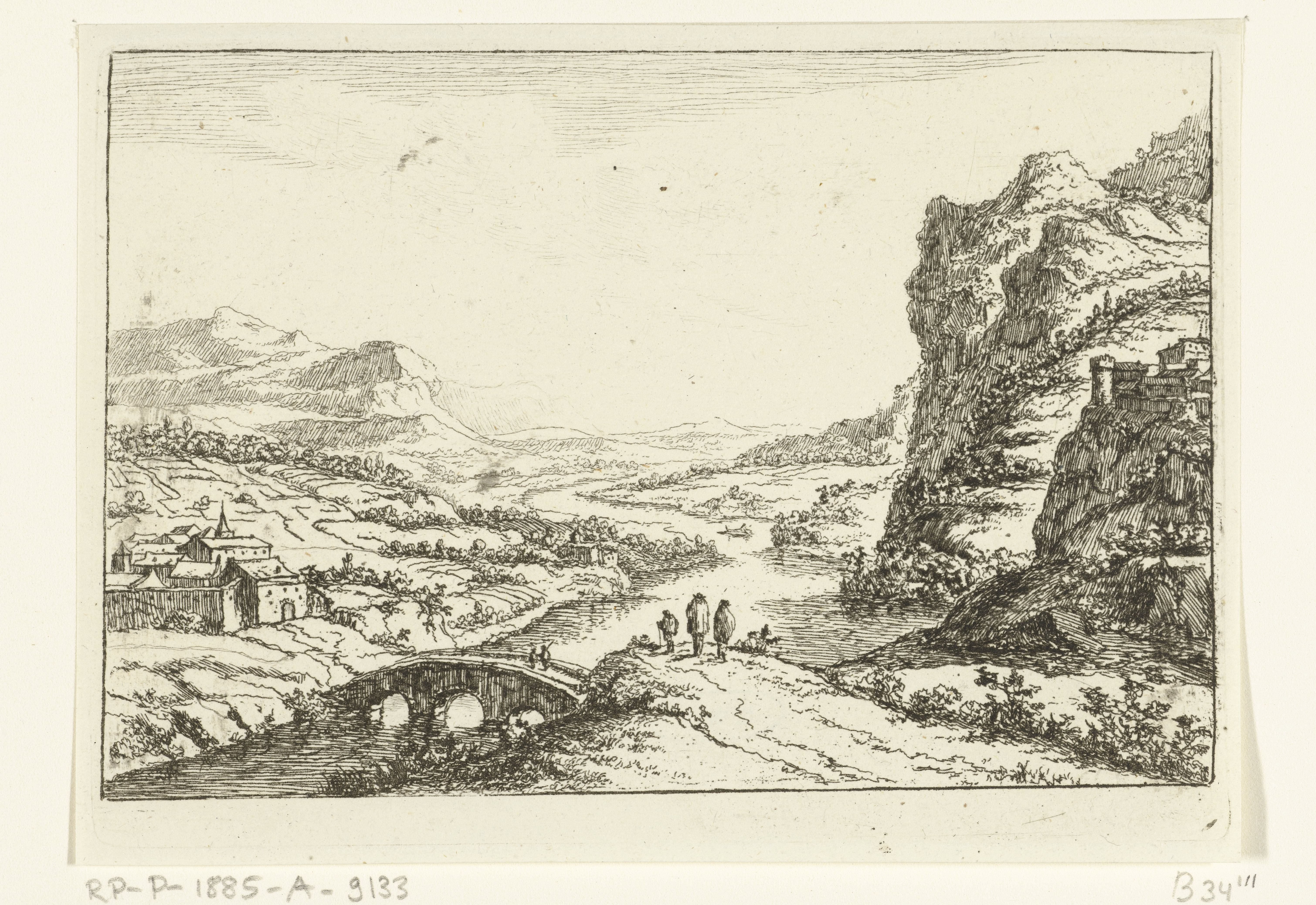 Rivierlandschap met stenen brug