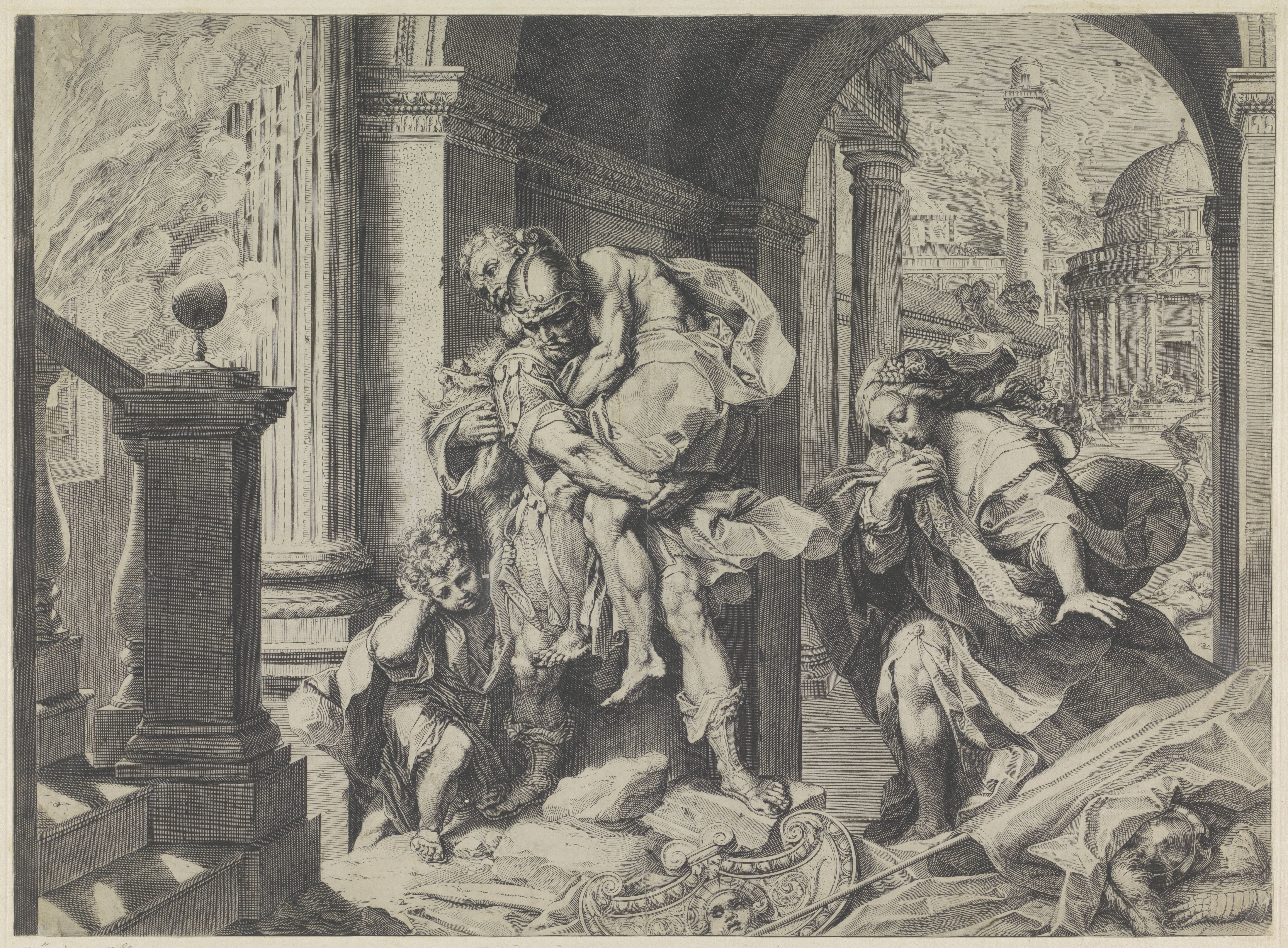 Aeneas vlucht met zijn familie uit Troje
