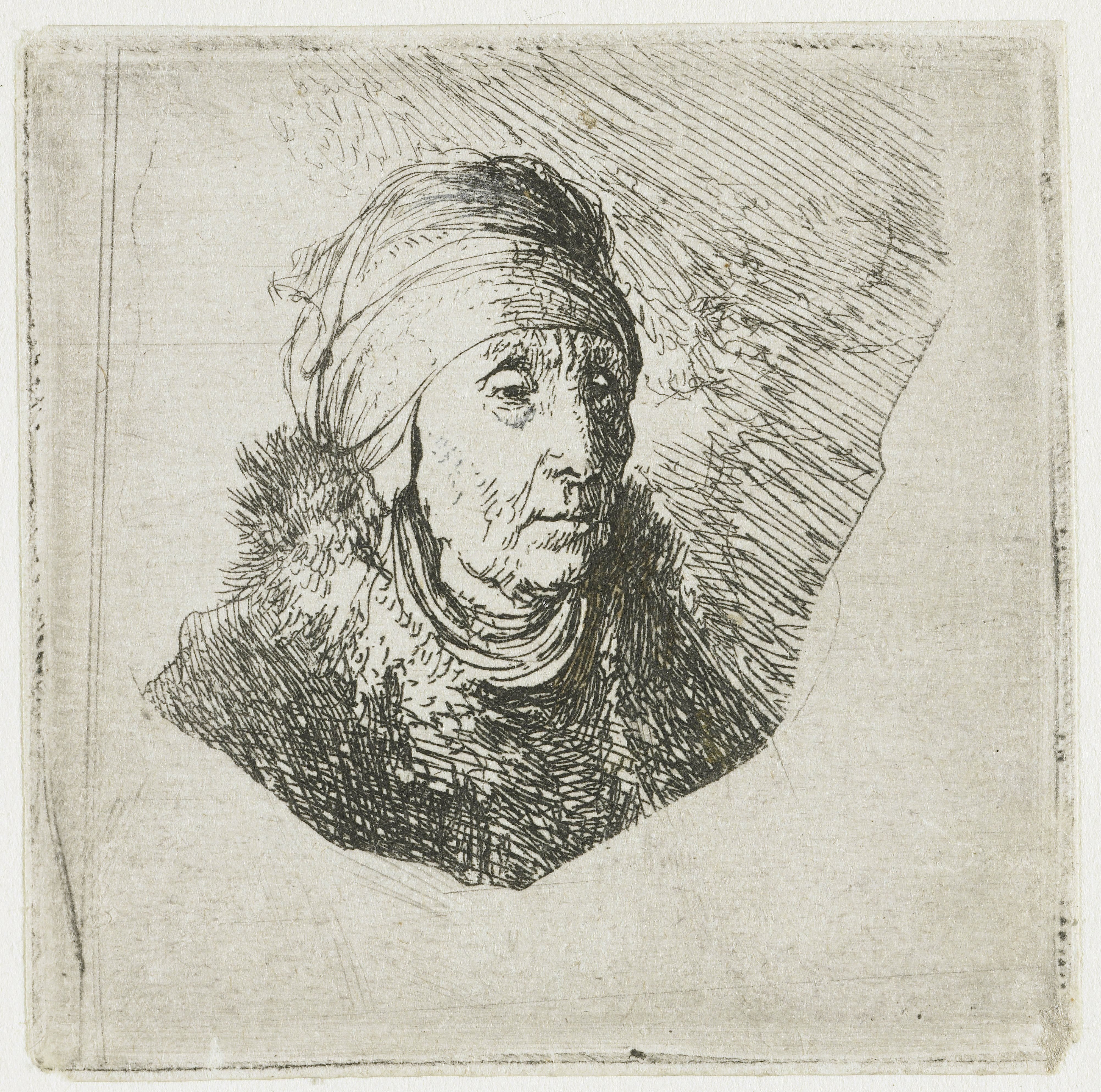 Woman with a high headdress wrapped around the chin: bust