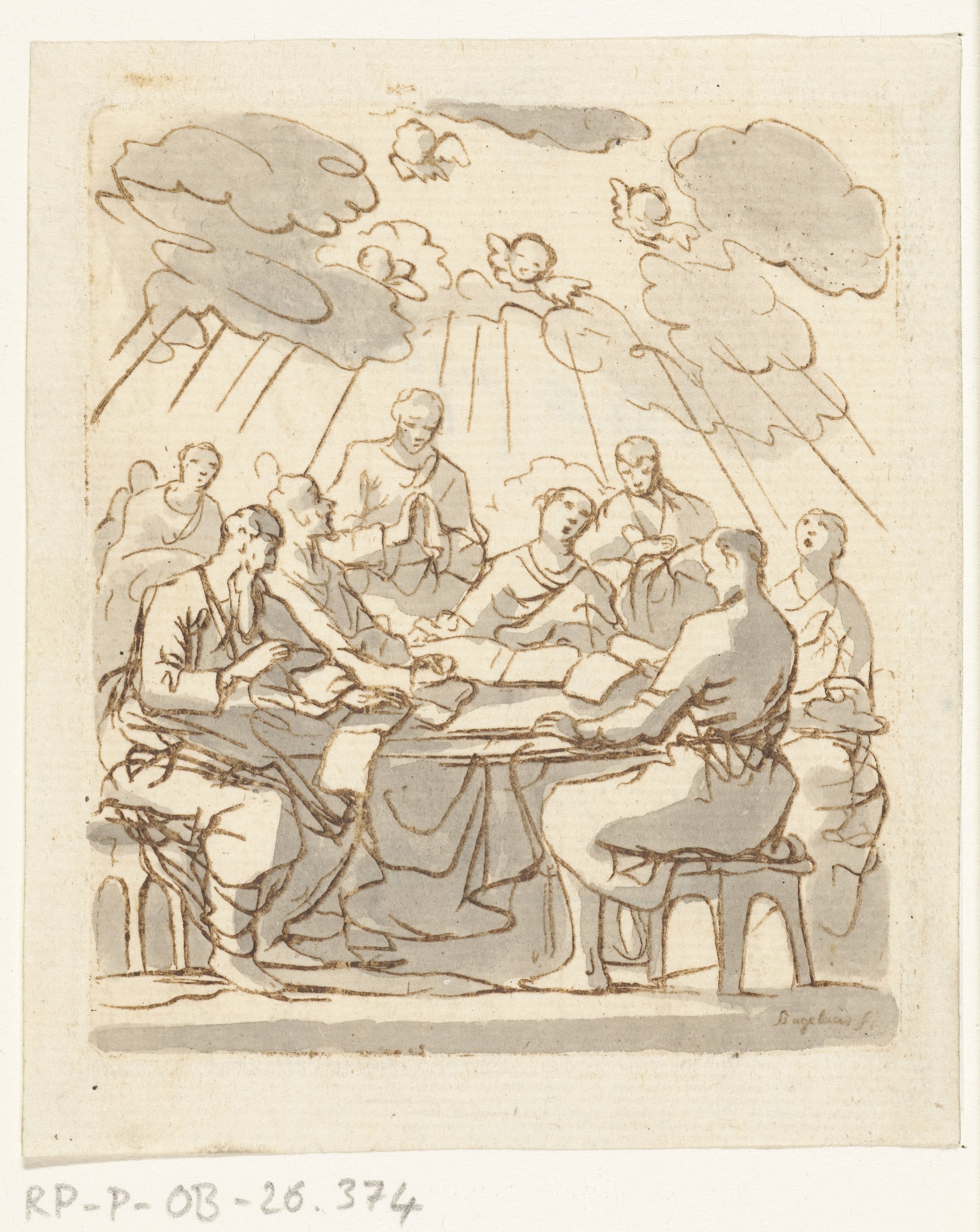 Een gezelschap van acht lofzingende personen rondom een tafel