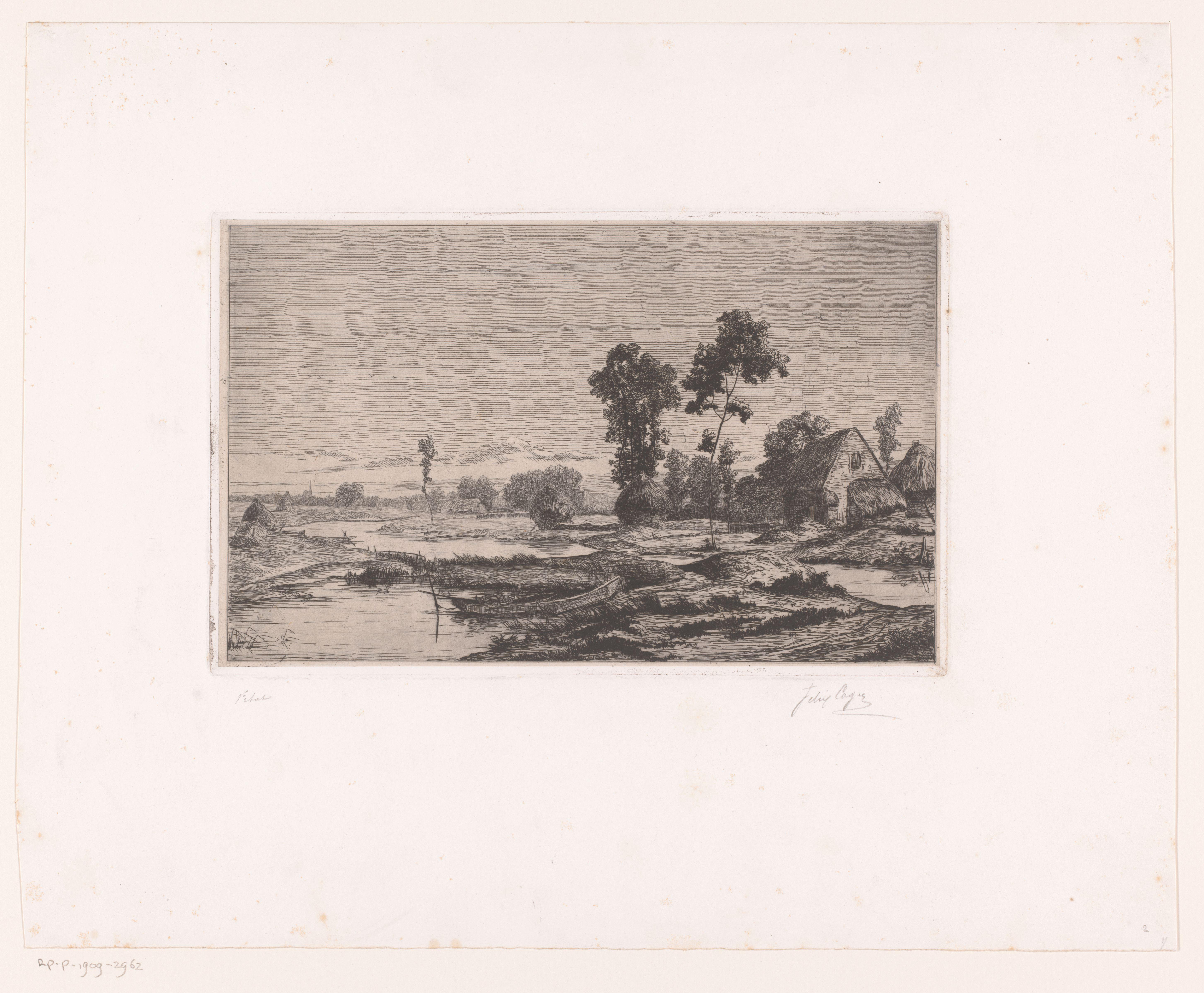 Waterrijk landschap met boerderij en hooibergen