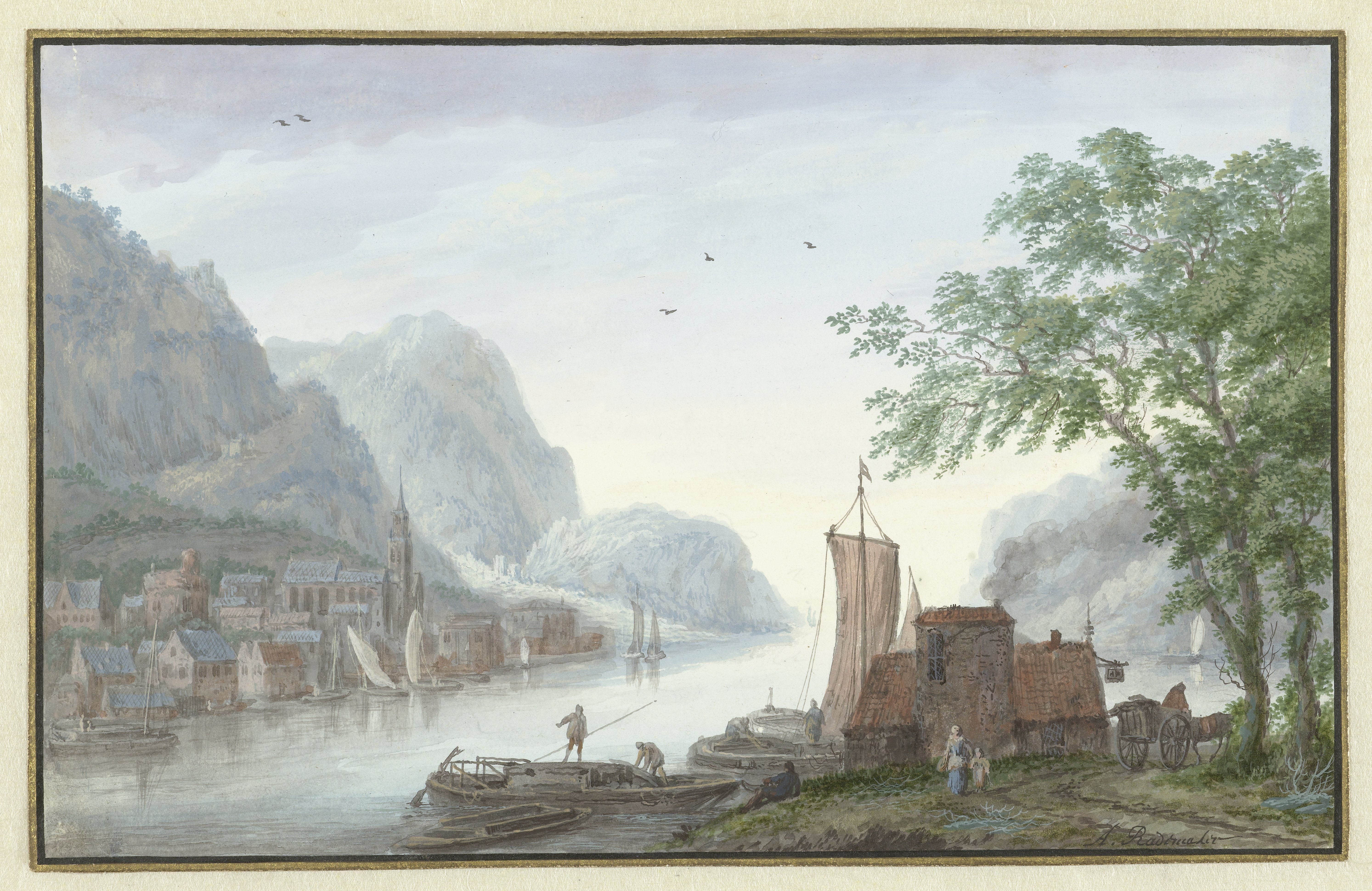 Bergachtig landschap met gezicht op een dorp aan een rivier