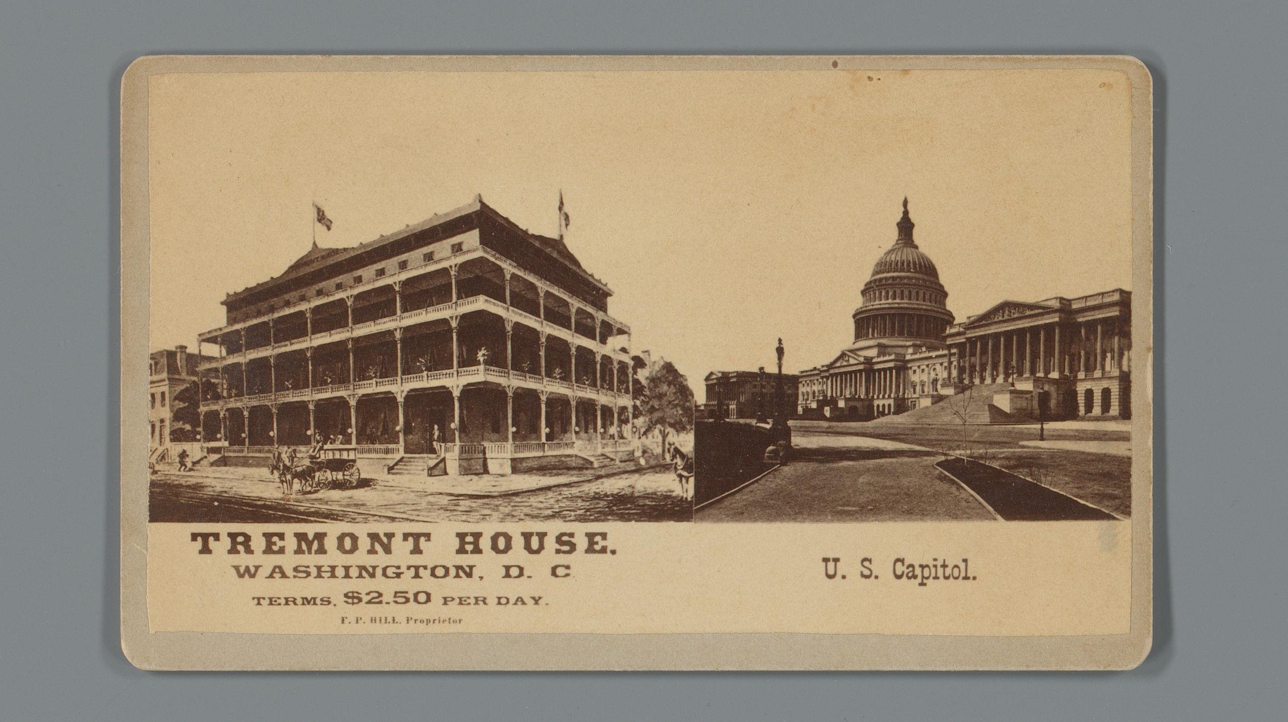 Gezicht op voormalig hotel Tremont House en het Capitool in Washington D.C., Verenigde Staten