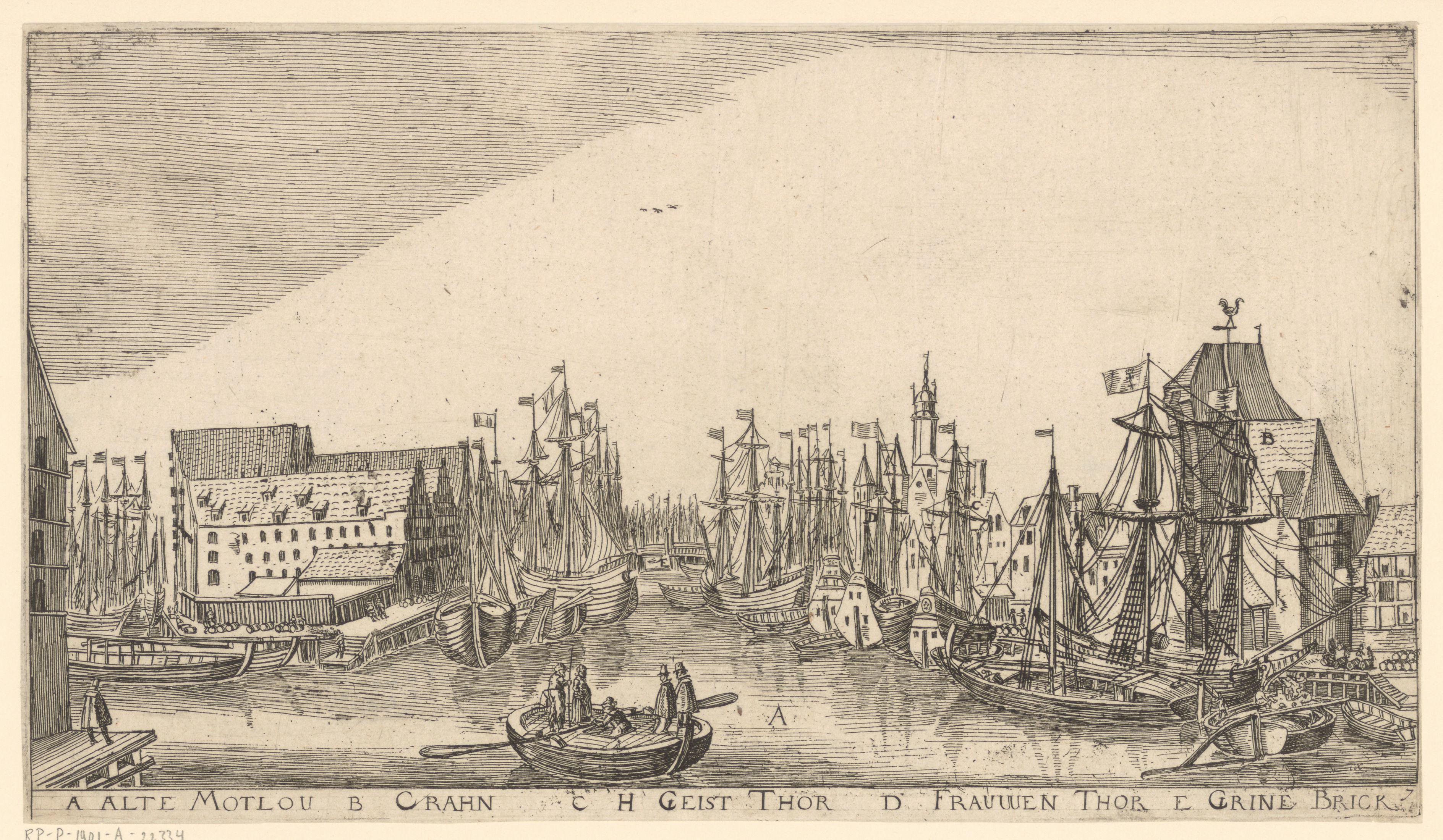 Gezicht op Danzig vanaf de Mottlau, met rechts de Kraanpoort