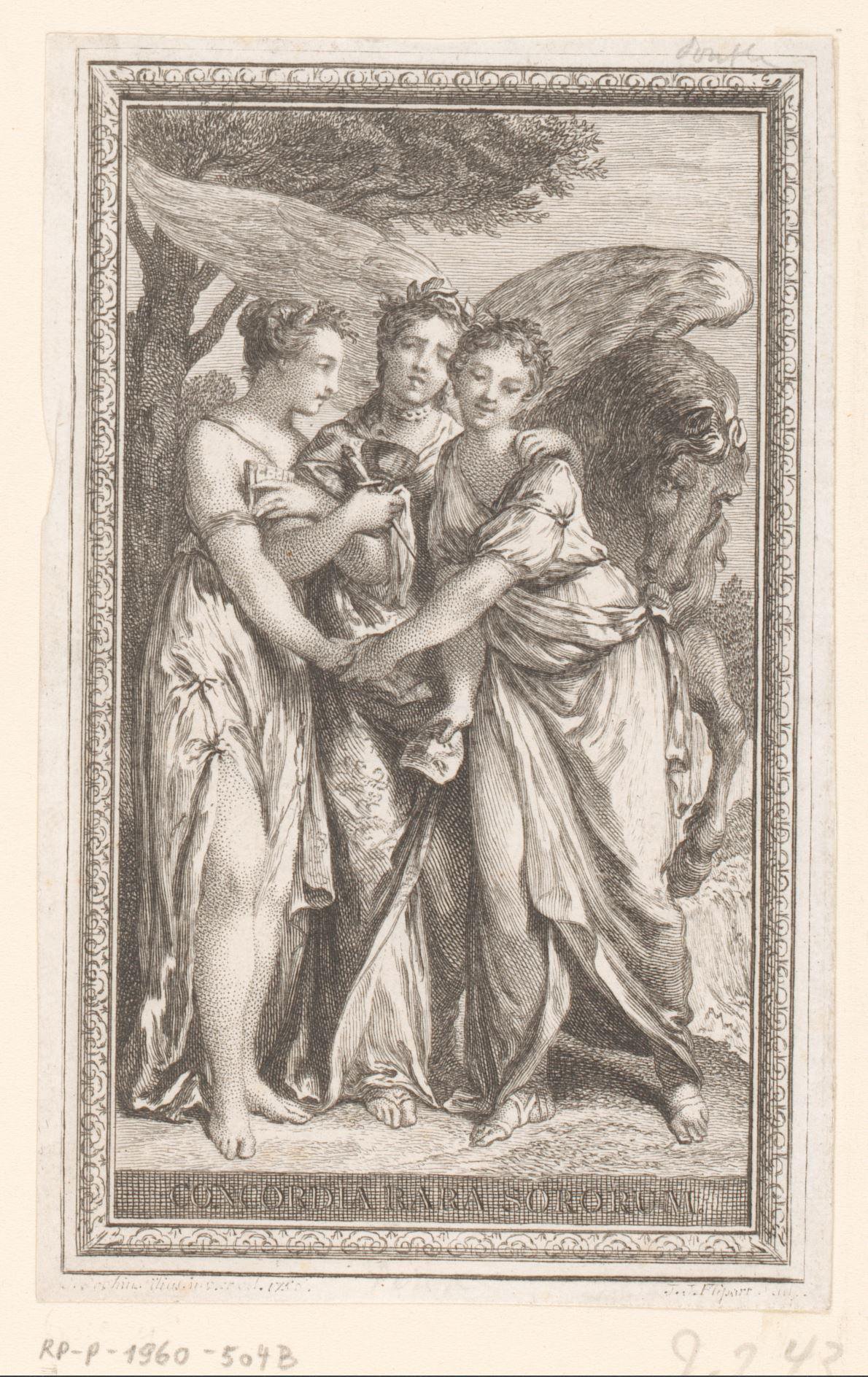 Vignet met drie allegorische vrouwelijke figuren en Pegasus