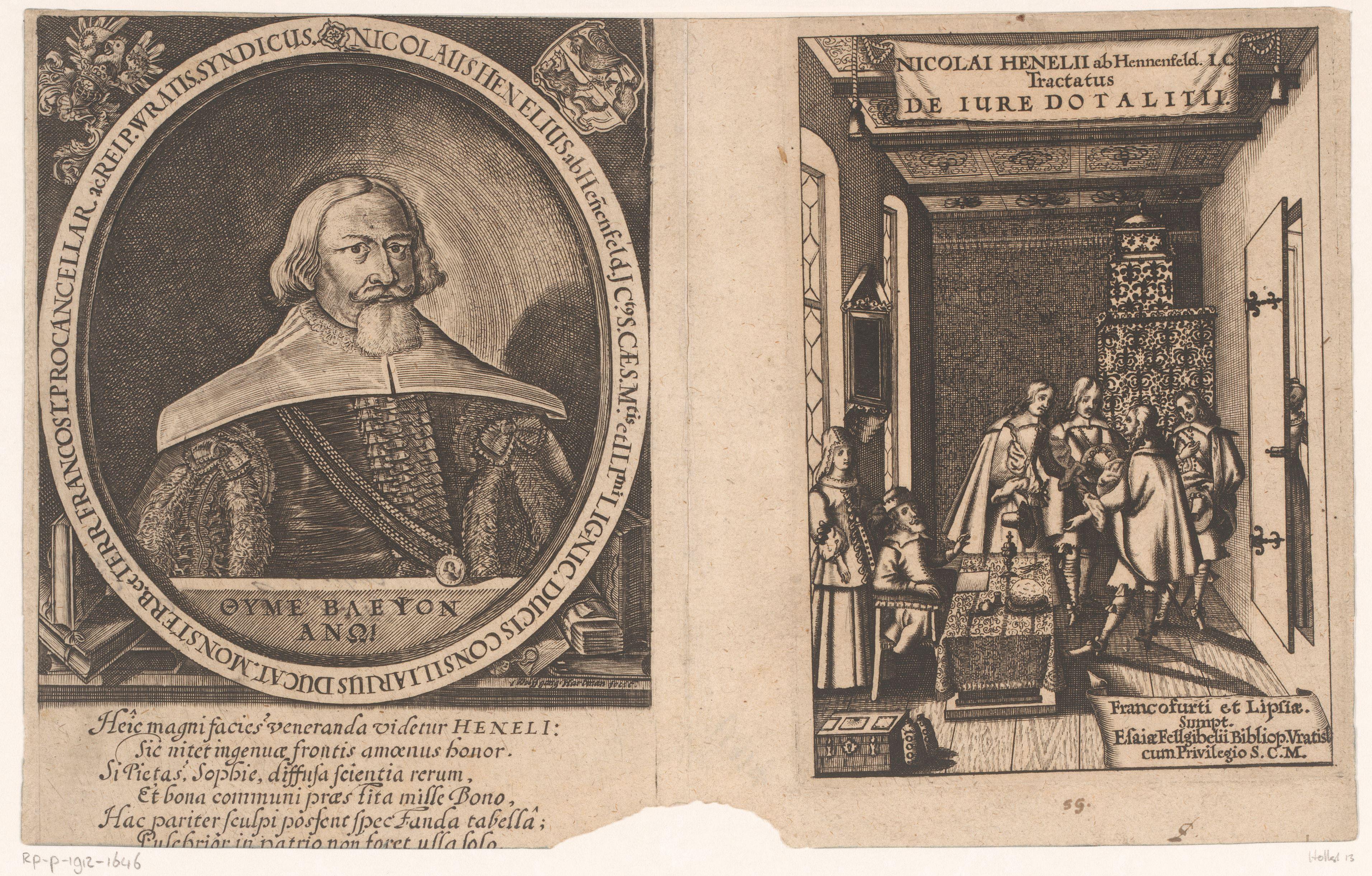 Portret van Nikolaus Henel von Hennenfeld en een voorstelling van vier mannen bij een notaris