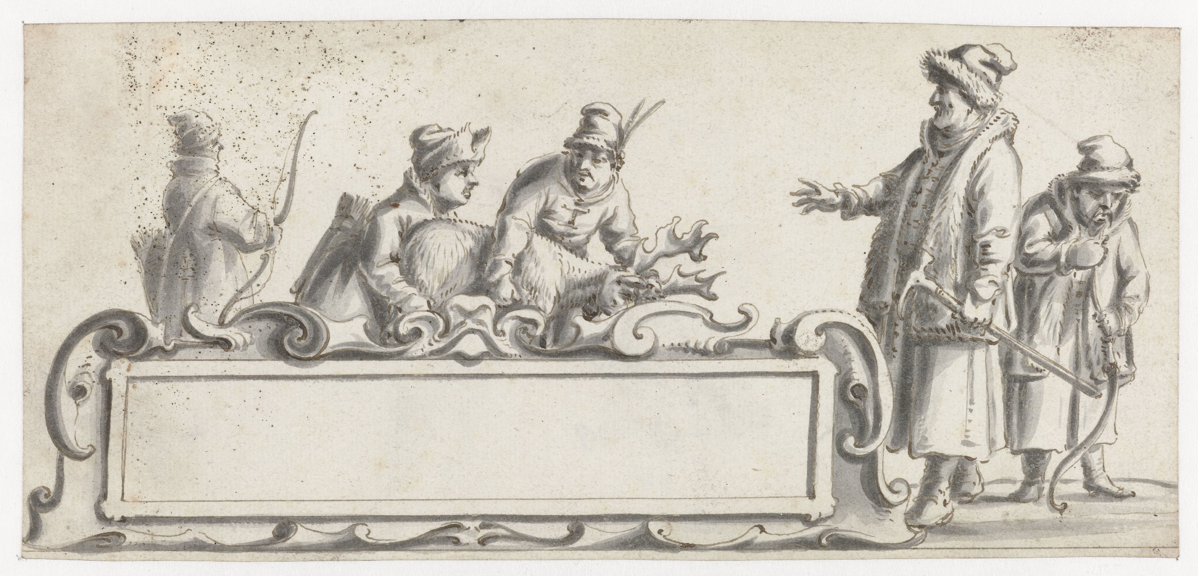 Cartouche met vijf Sami en een geschoten rendier