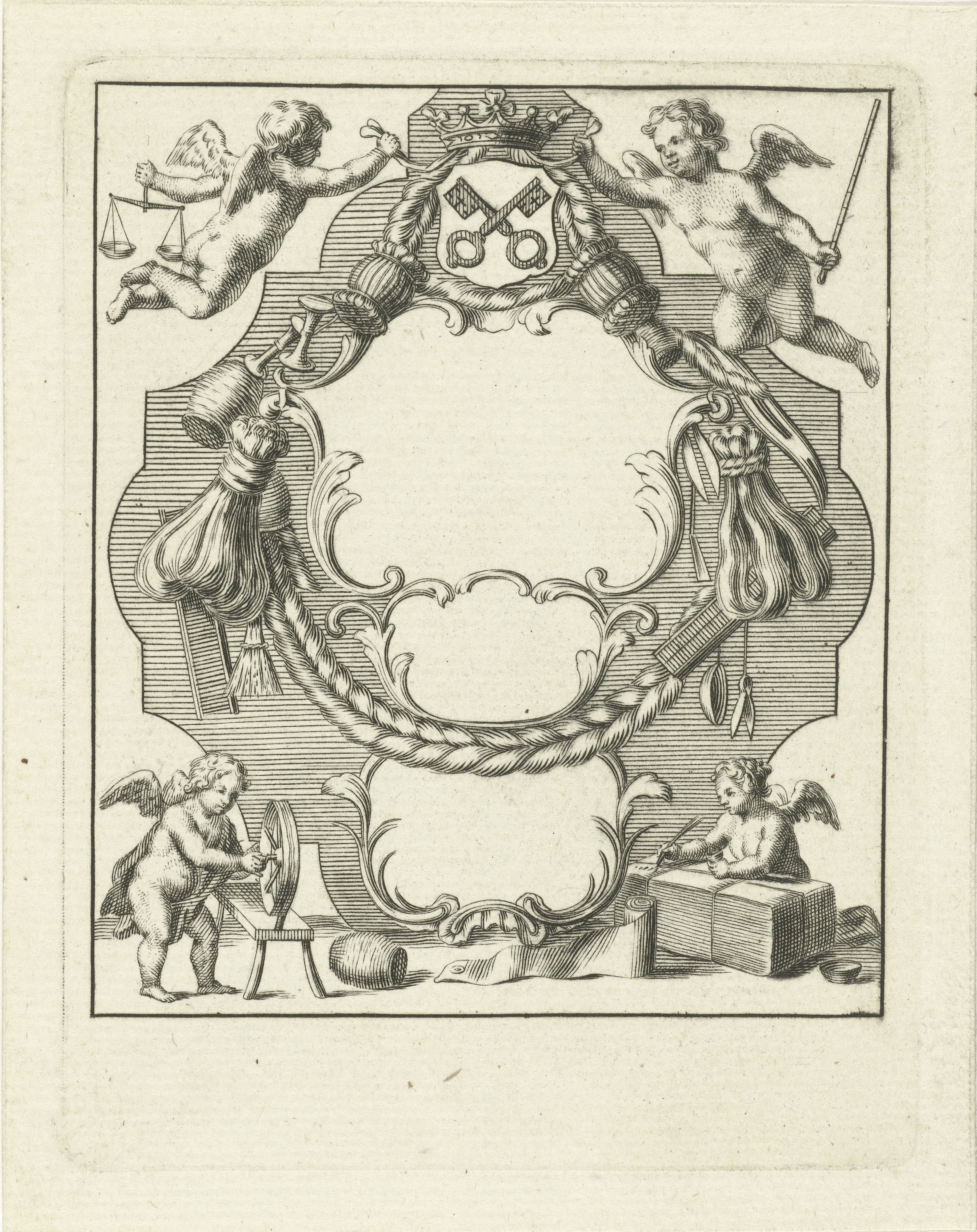 Cartouche met kleine engelen en materialen uit wolindustrie