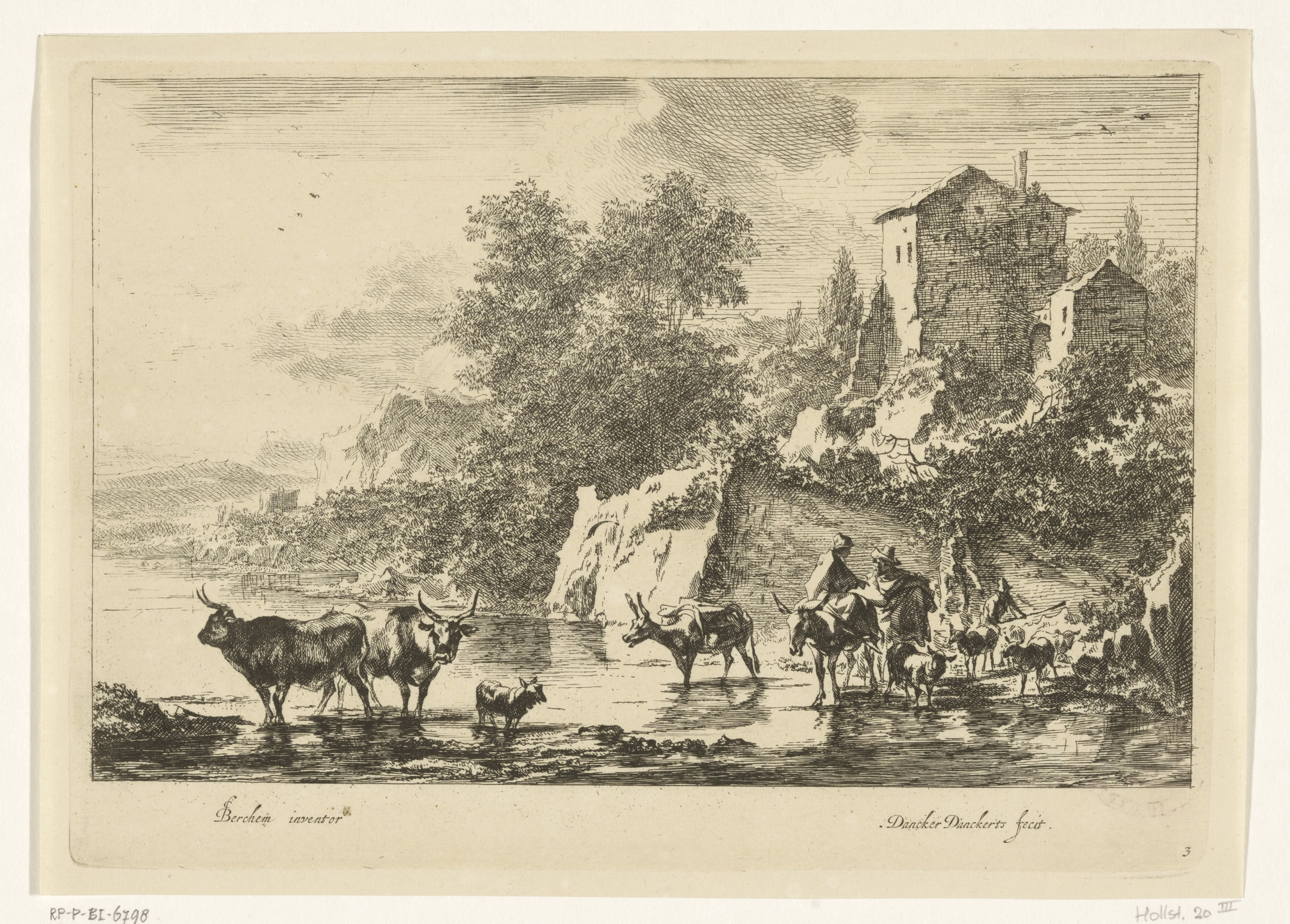 Italiaans landschap met herders, koeien en ezels in het water