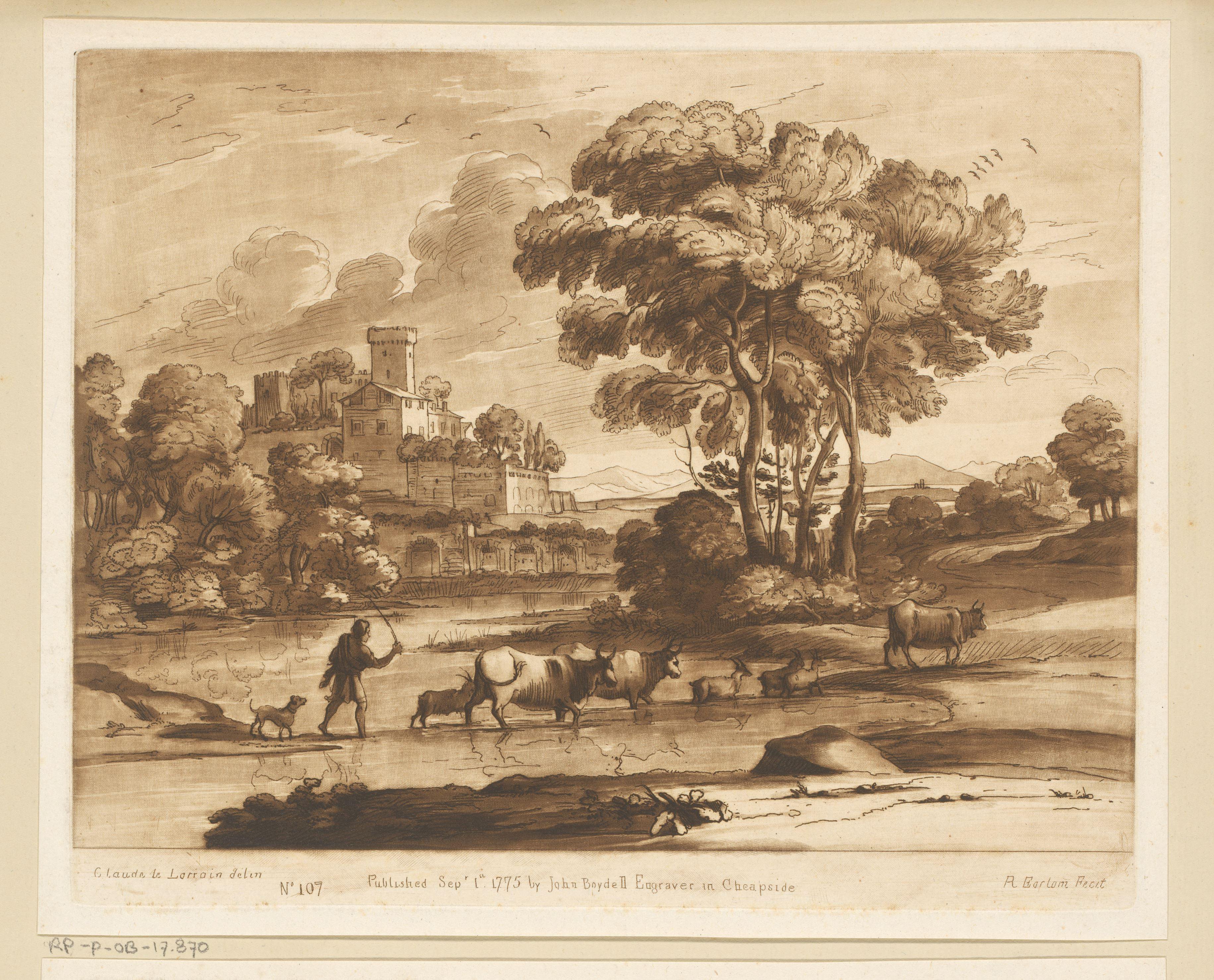 Landschap met stad op een heuvel en veedrijver die rivier oversteekt