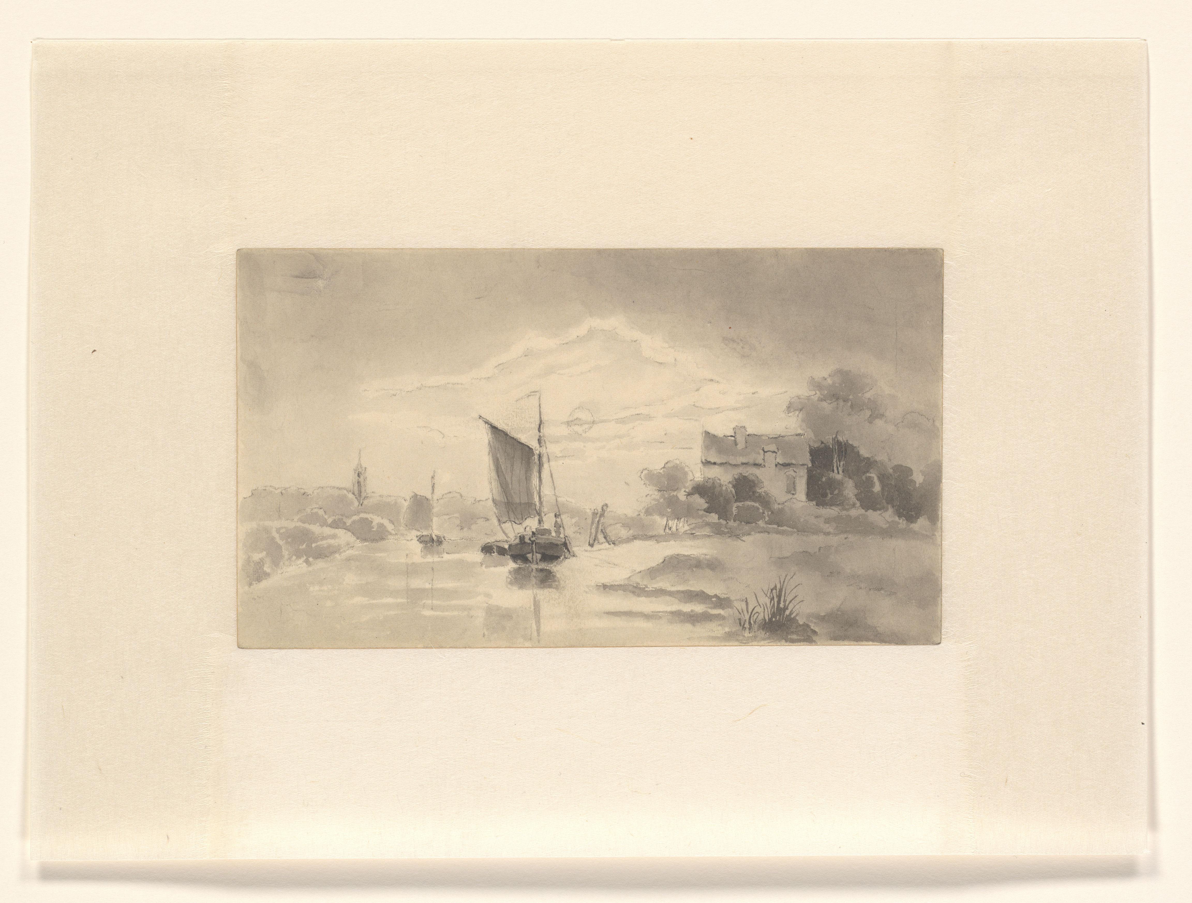 Landschap met rivier en zeilschip