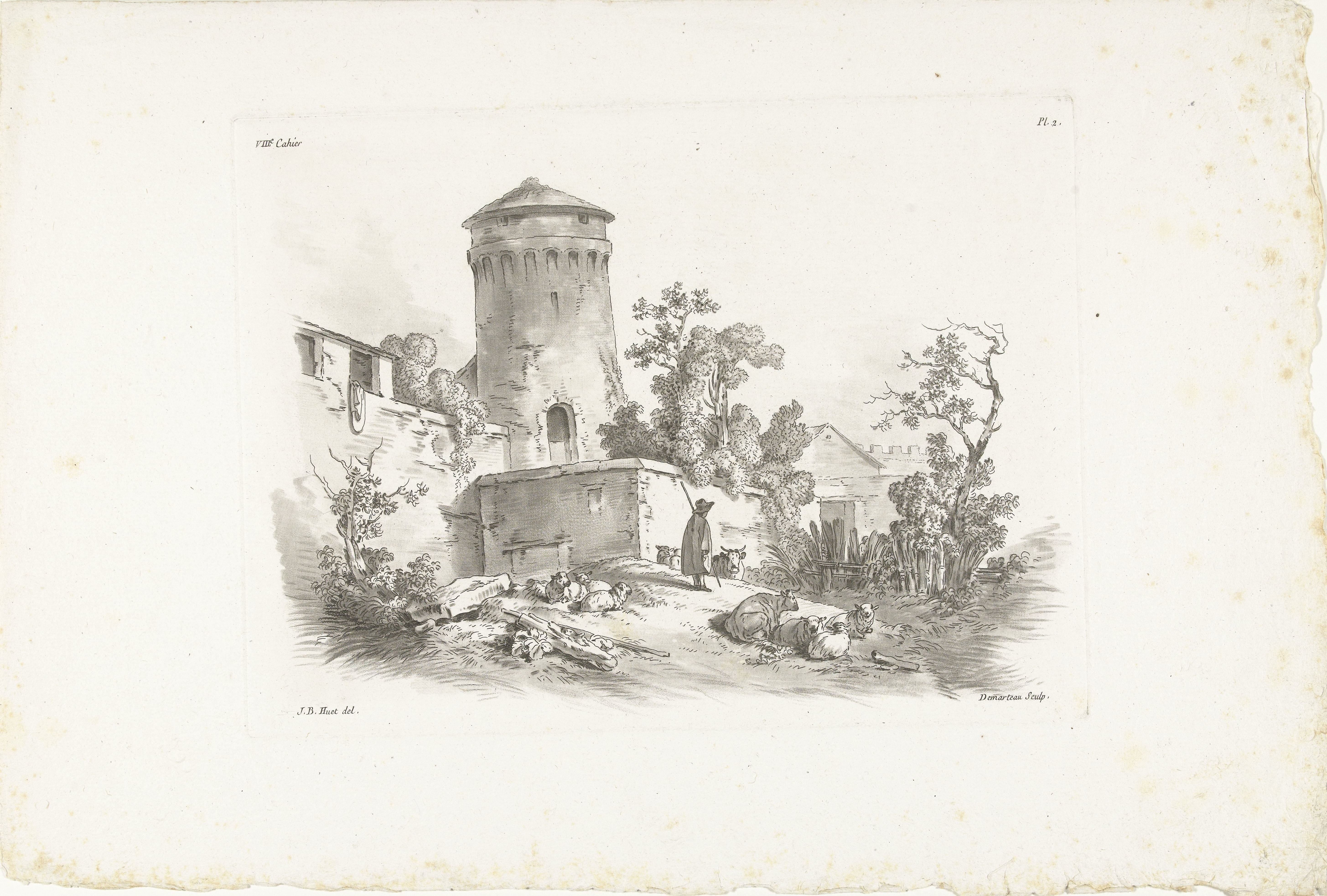 Landschap met kasteel en herder met vee