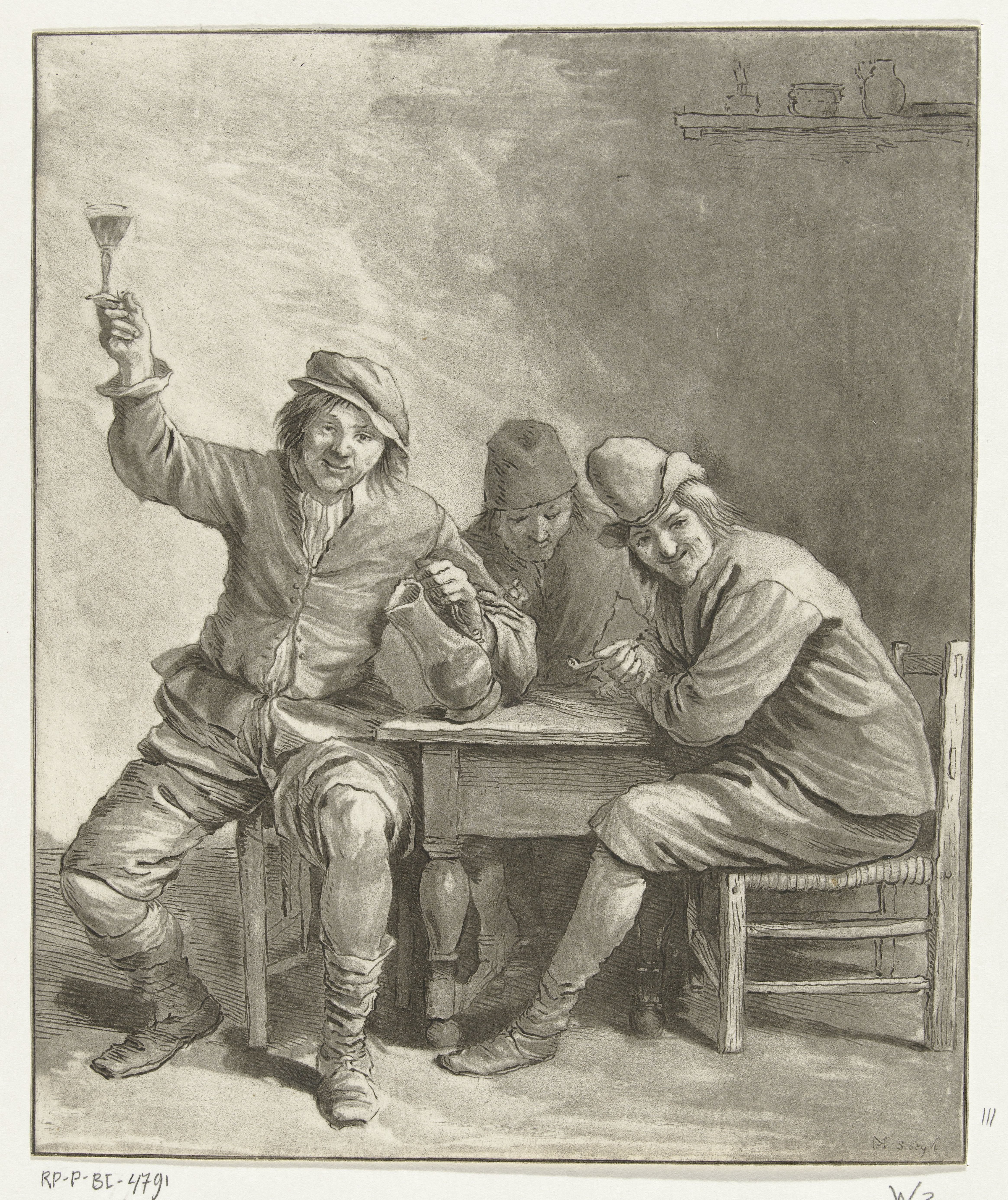 Drie mannen aan tafel roken en drinken