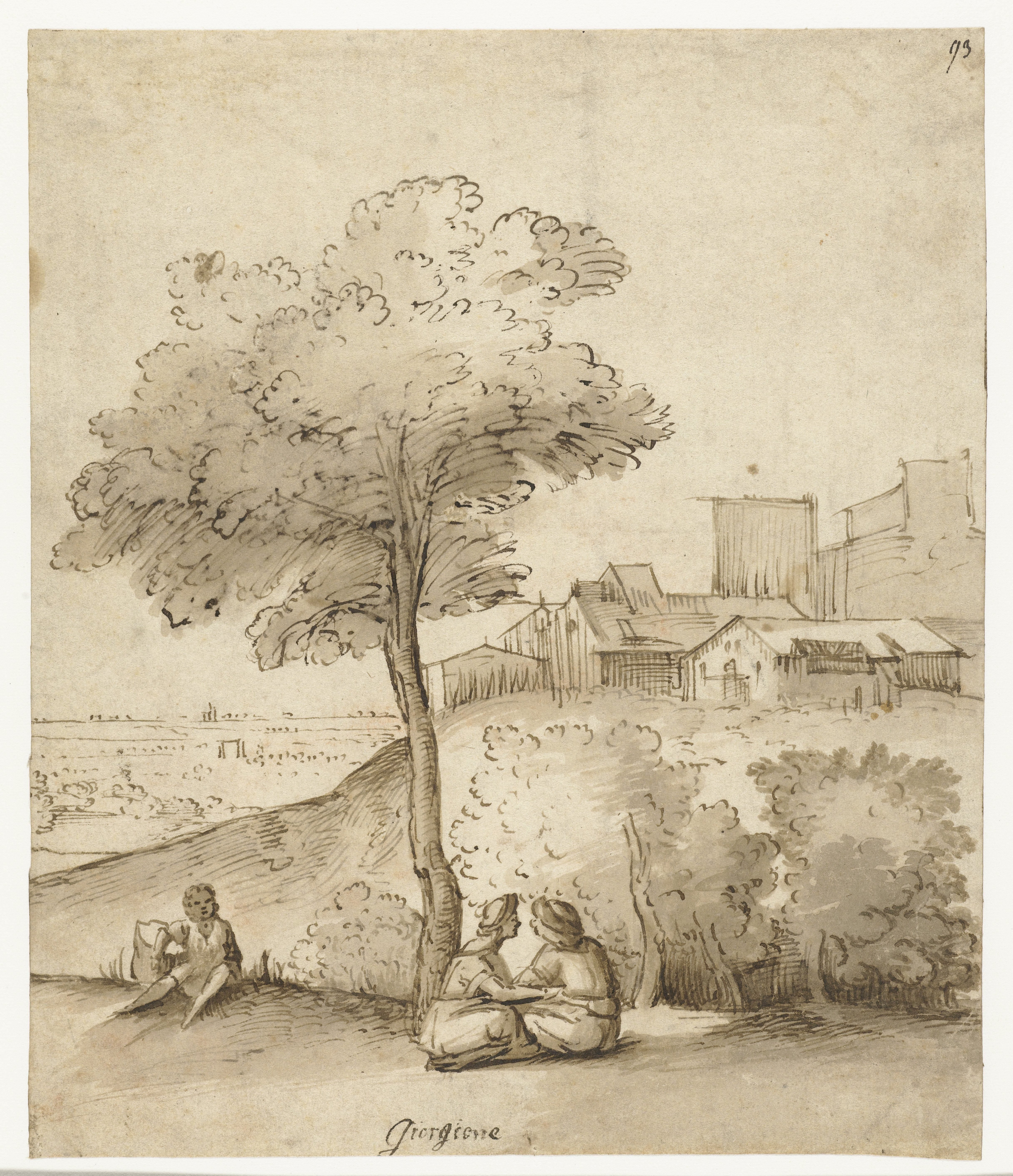 Italiaans landschap met enkele figuren onder een boom