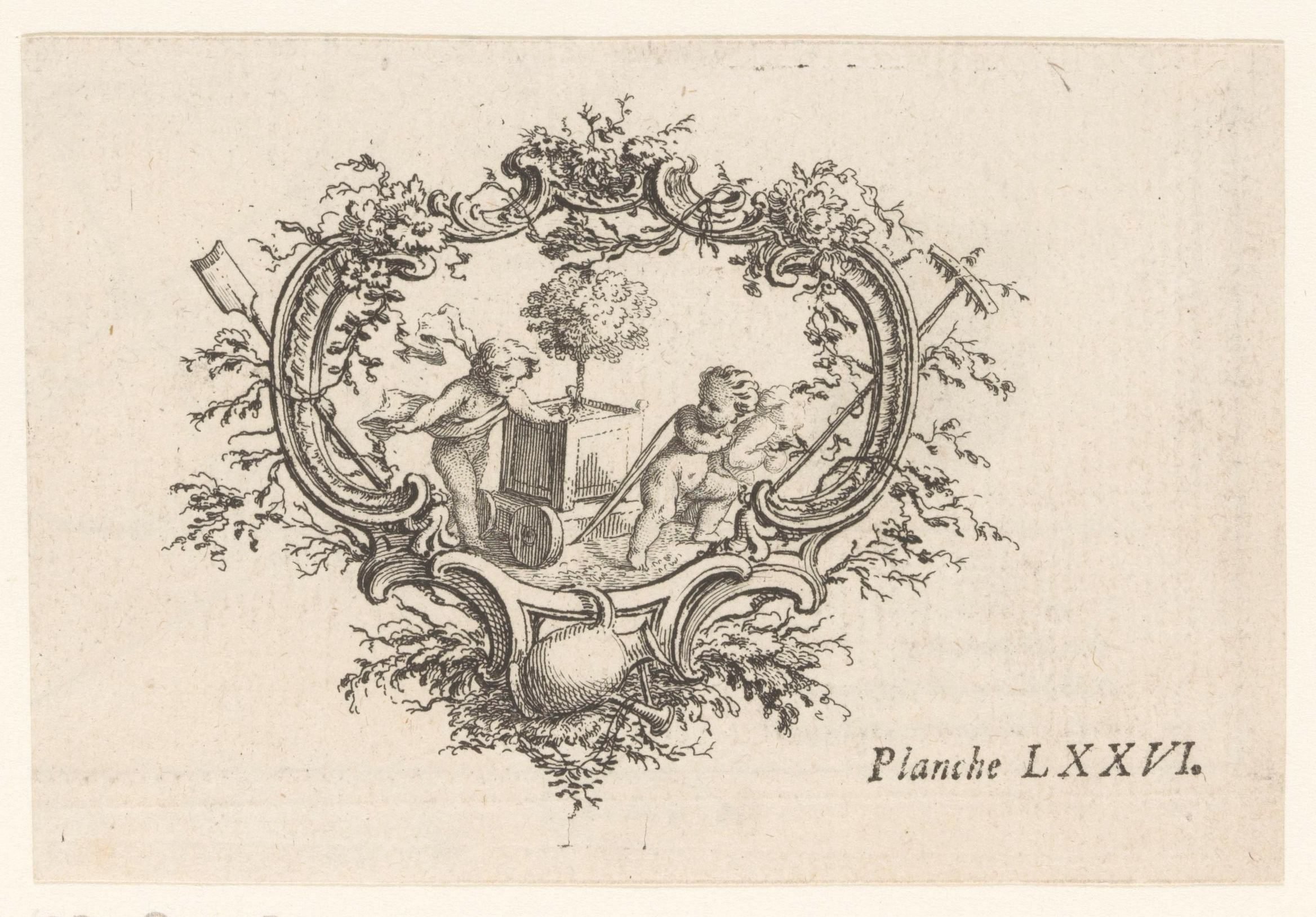 Vignet met putti in tuin