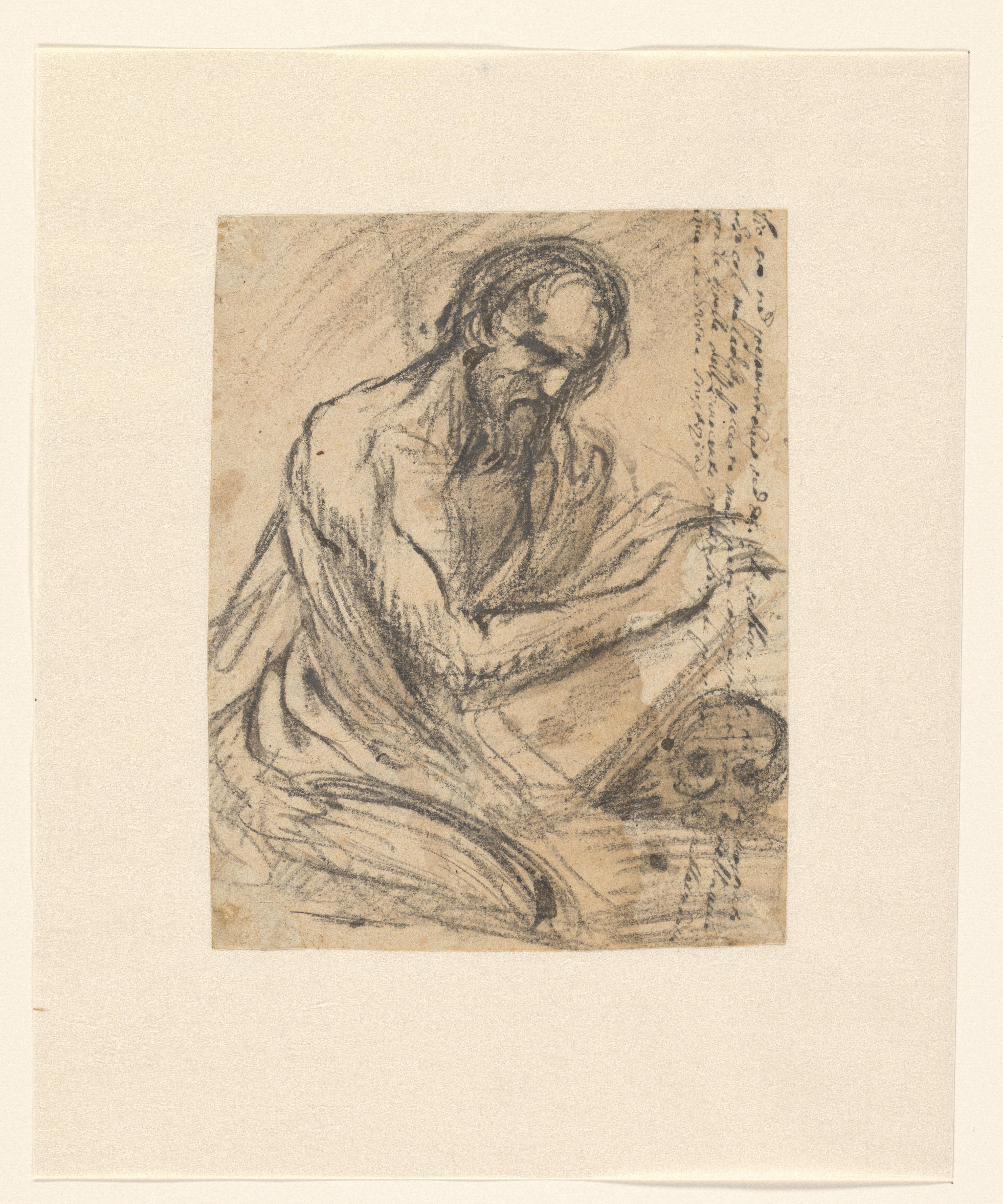 H. Hieronymus, schrijvend in een boek dat hij boven een schedel houdt