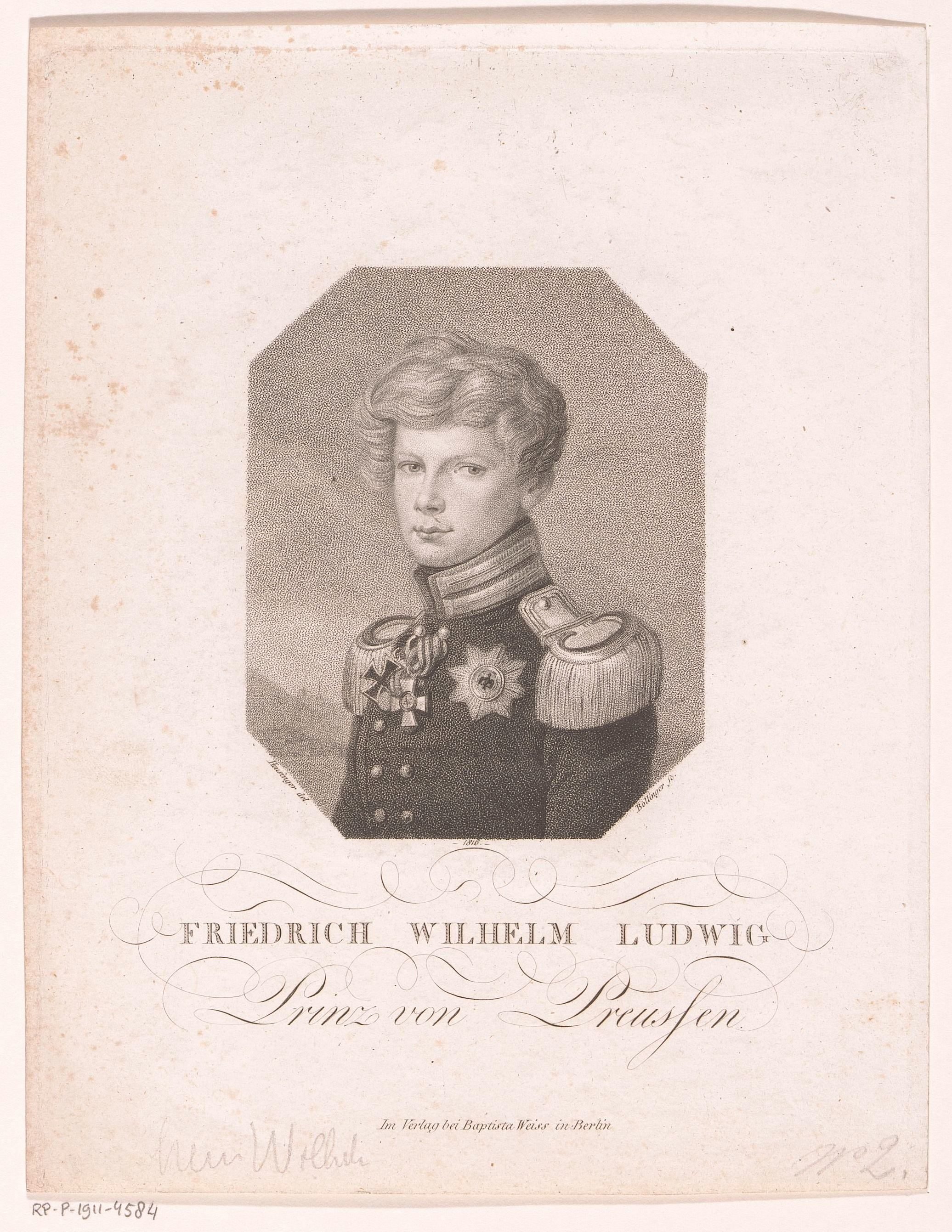 Portret van Friedrich Wilhelm Ludwig van Pruisen, later keizer Wilhelm I van Duitsland