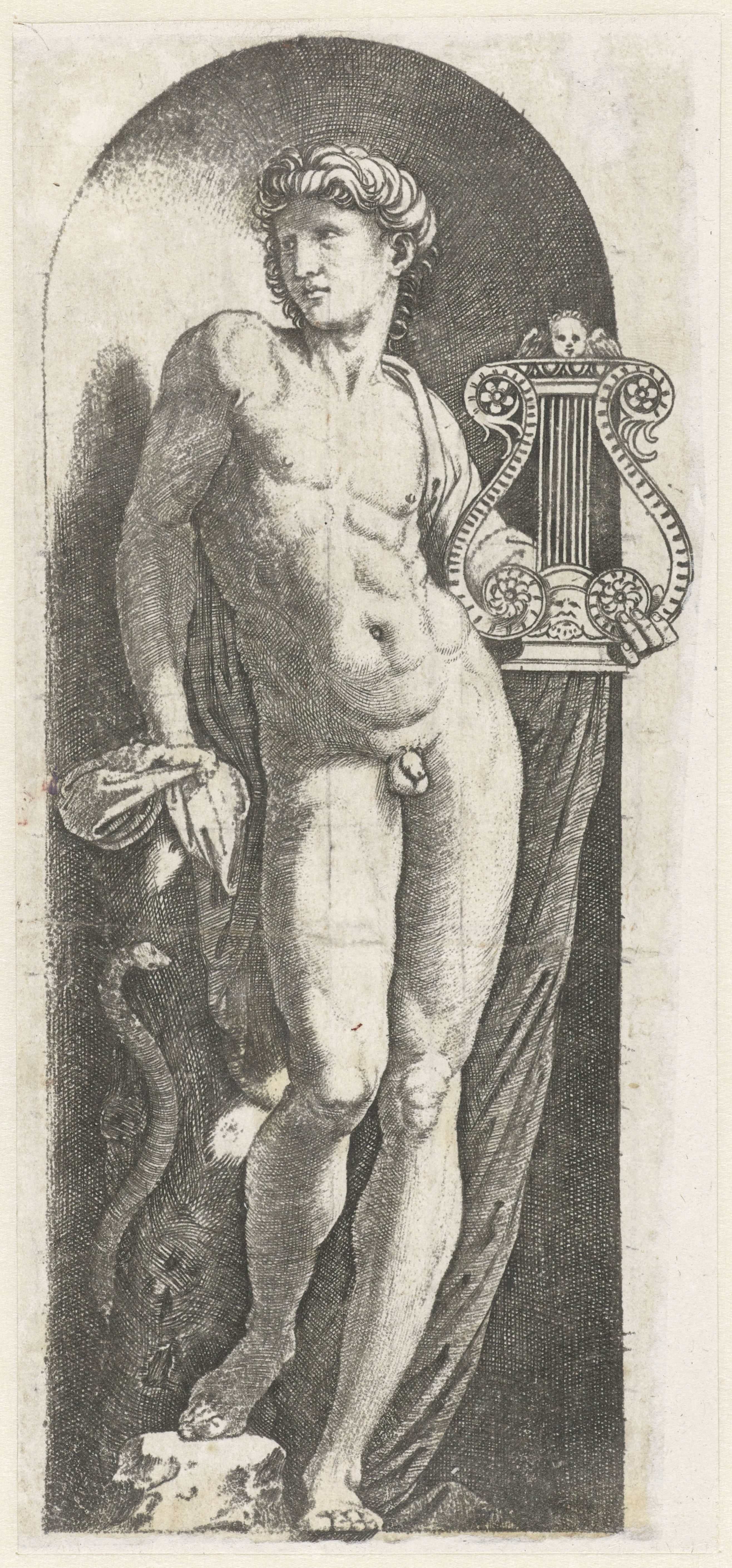 Apollo met harp staand in nis