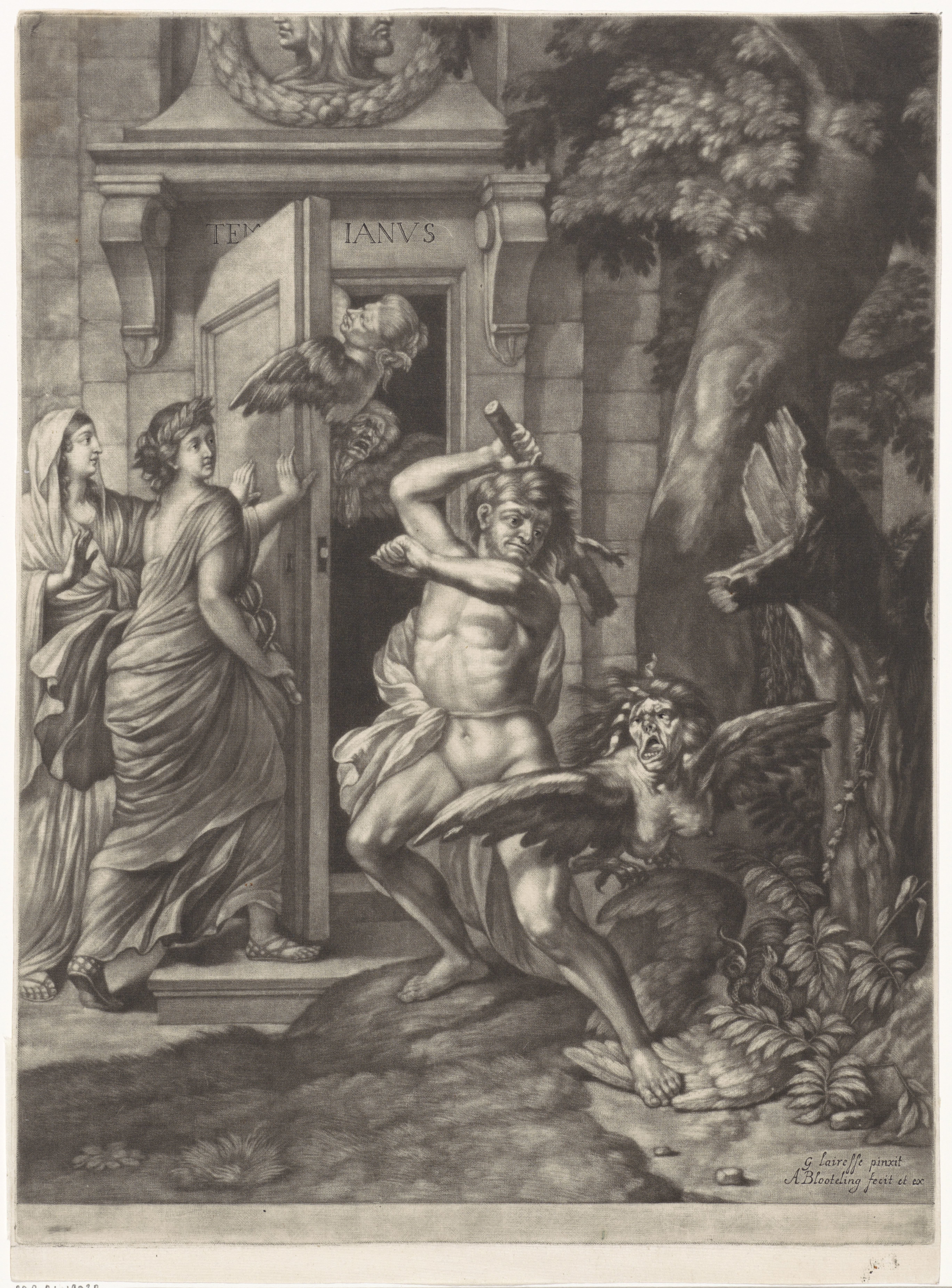 Allegorie op de Vrede van Nijmegen (1678): Hercules verslaat de harpijen voor de tempel van Janus