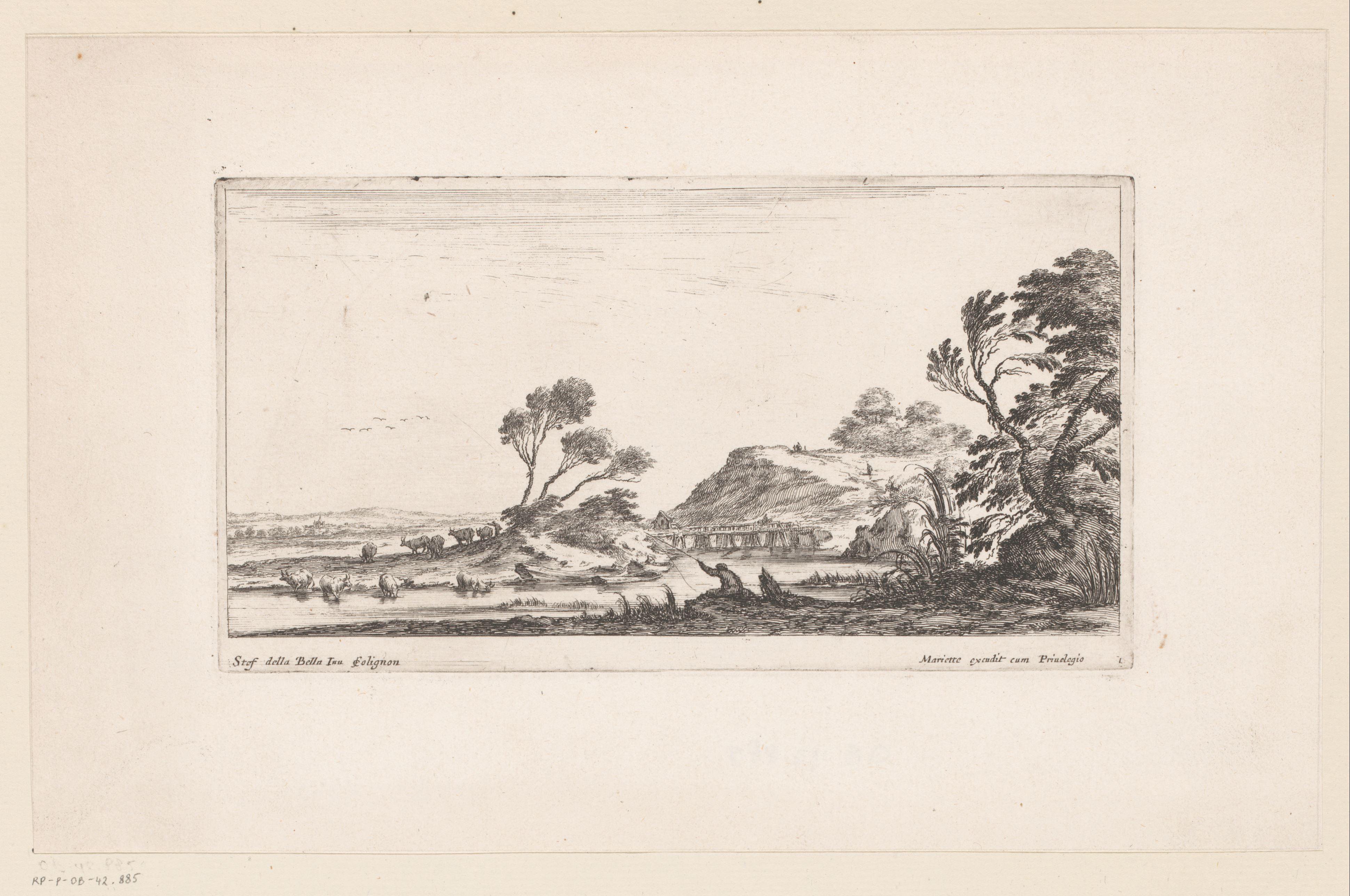 Landschap met visser en drinkend vee