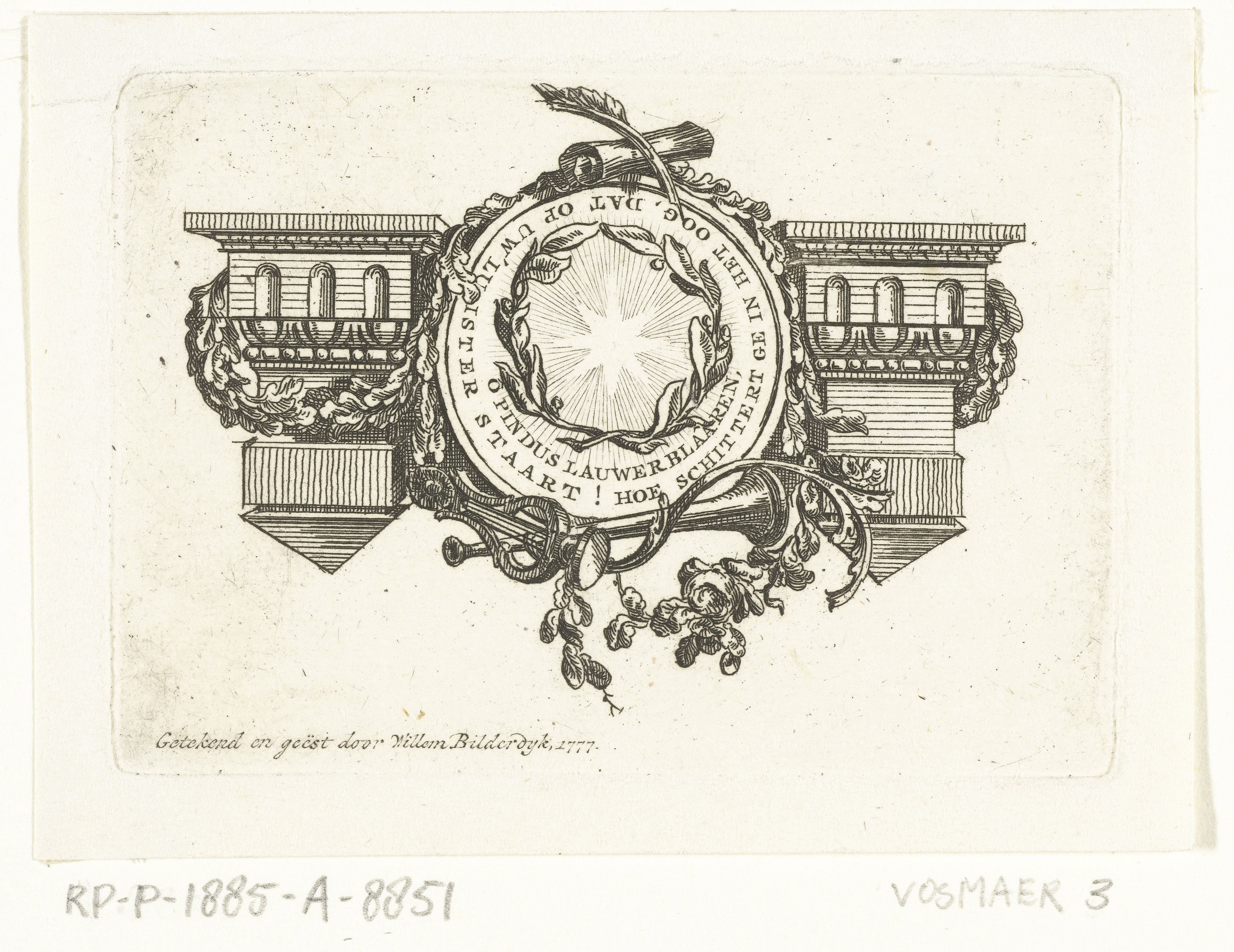 Vignet met architraaf en medaillon met ster en guirlande van eikenblad