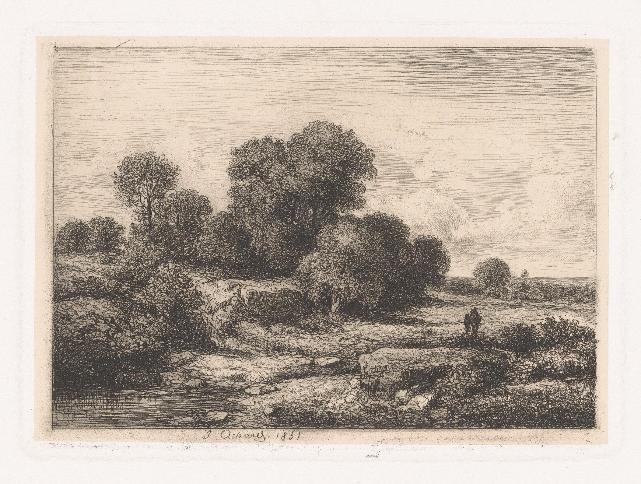 Figuren in een rivierbedding met bomen