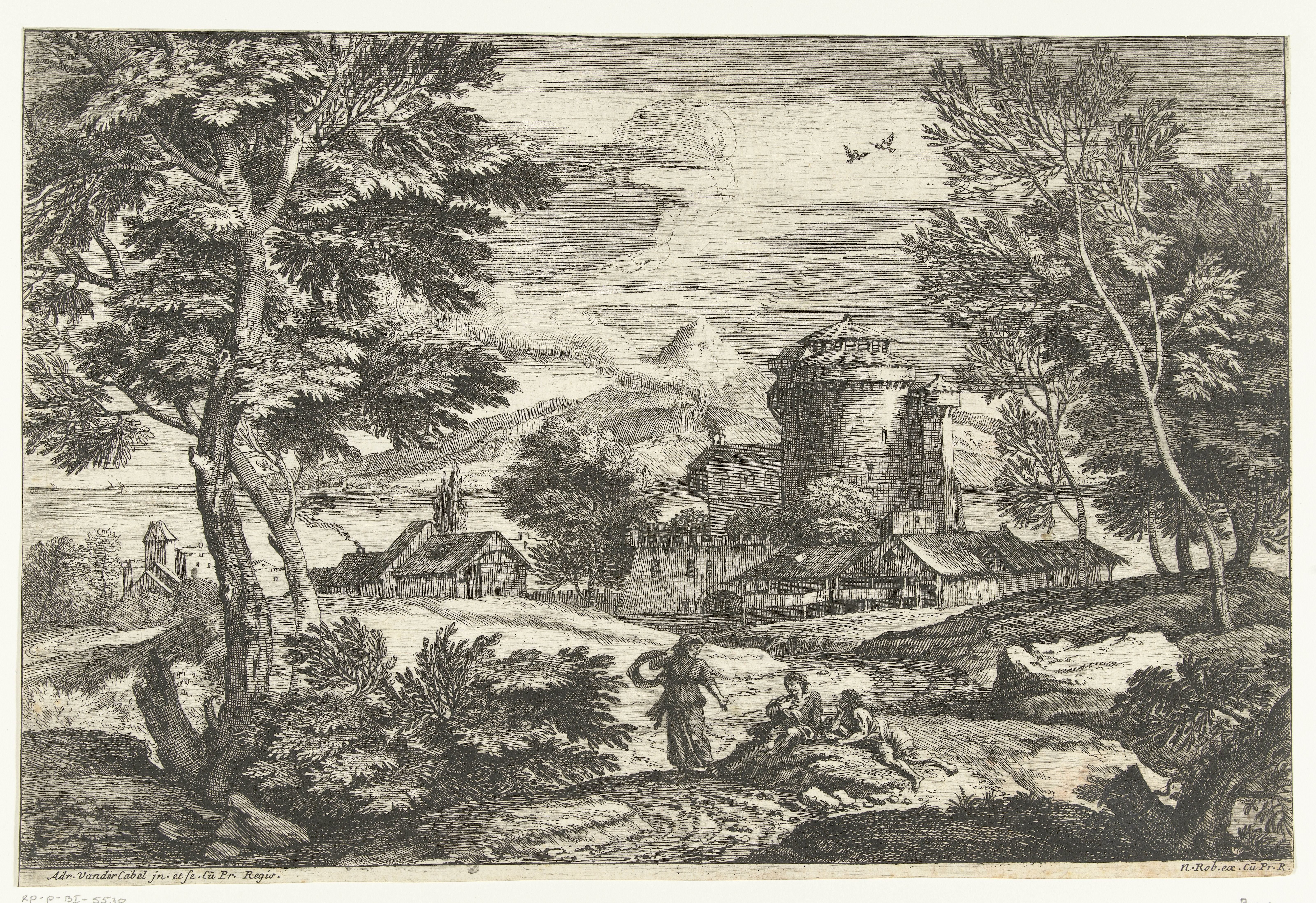 Landschap met drie personen nabij dorp