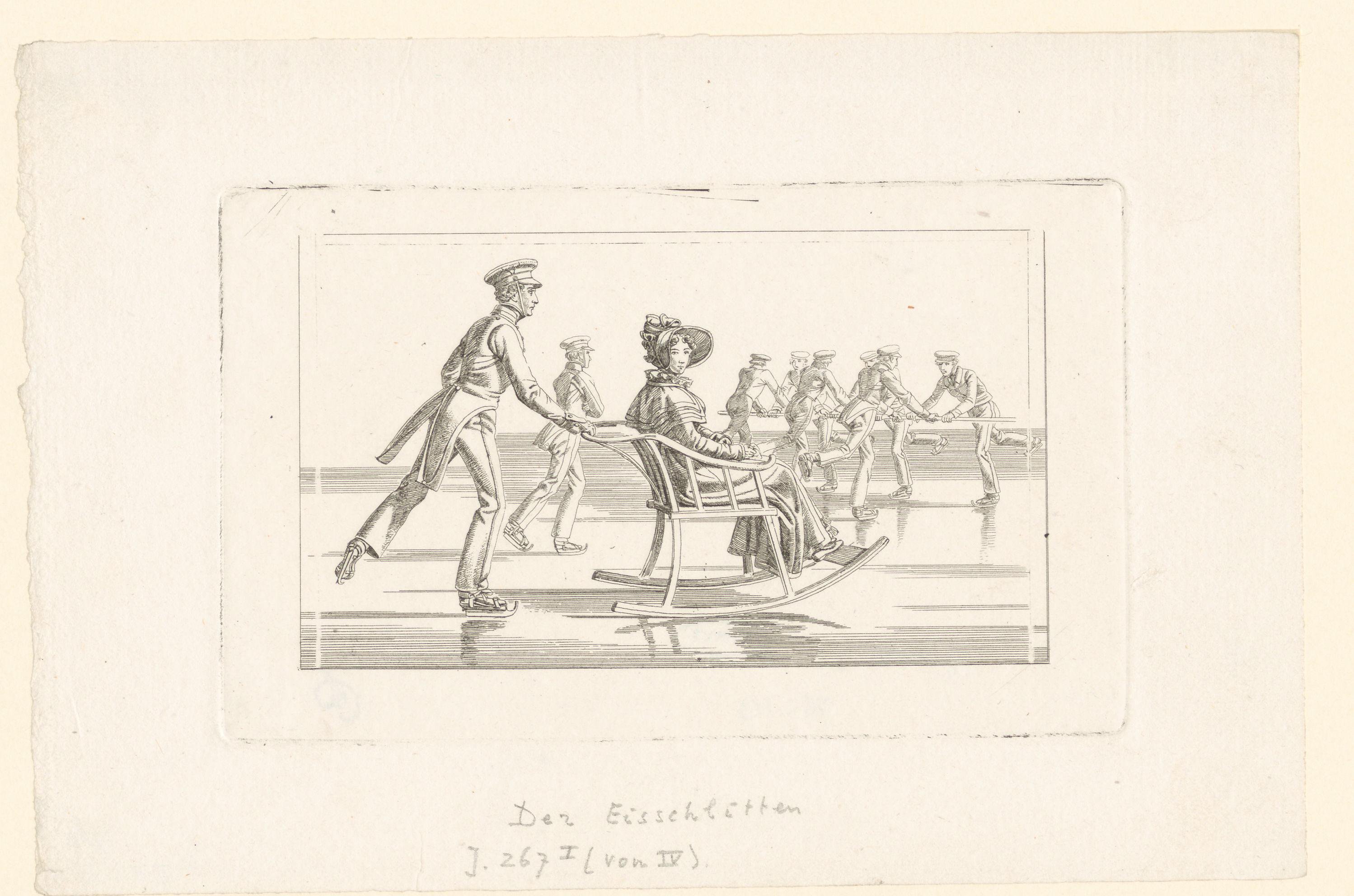 Slee voortgeduwd op het ijs met op de achtergrond zeven schaatsende mannen