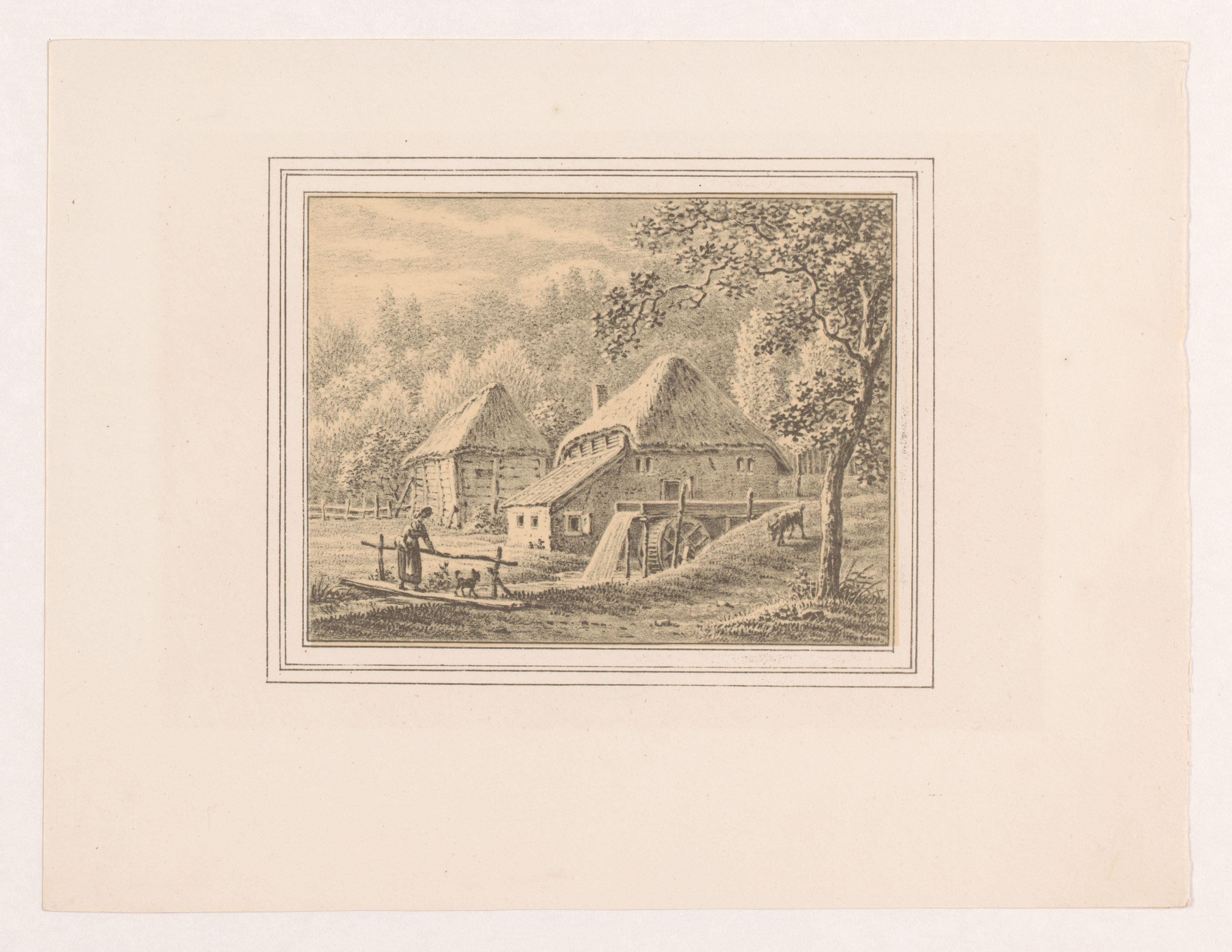 Landschap met watermolen en schuur