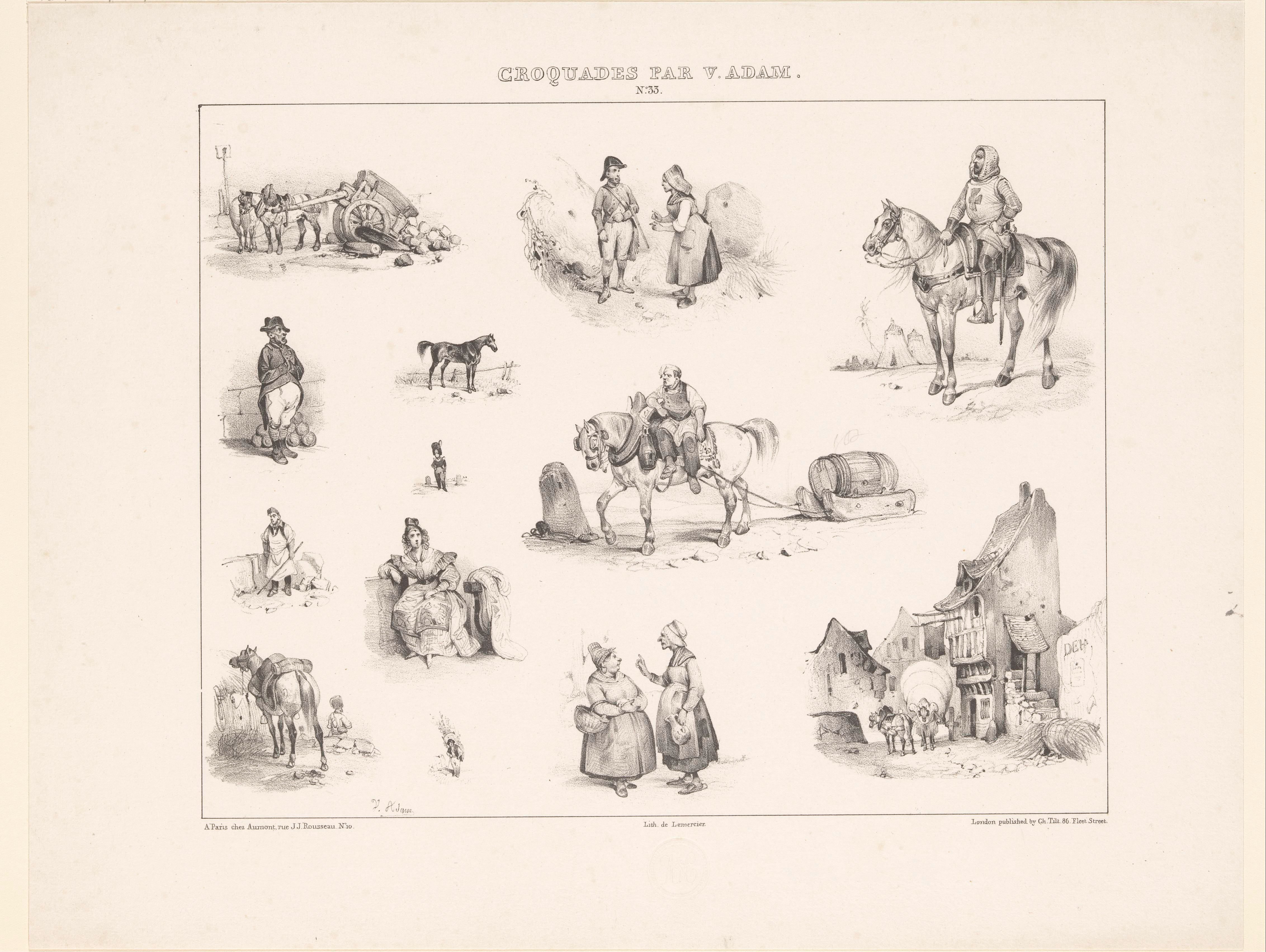 Dertien voorstellingen uit het dagelijks leven met diverse menselijke figuren en paarden
