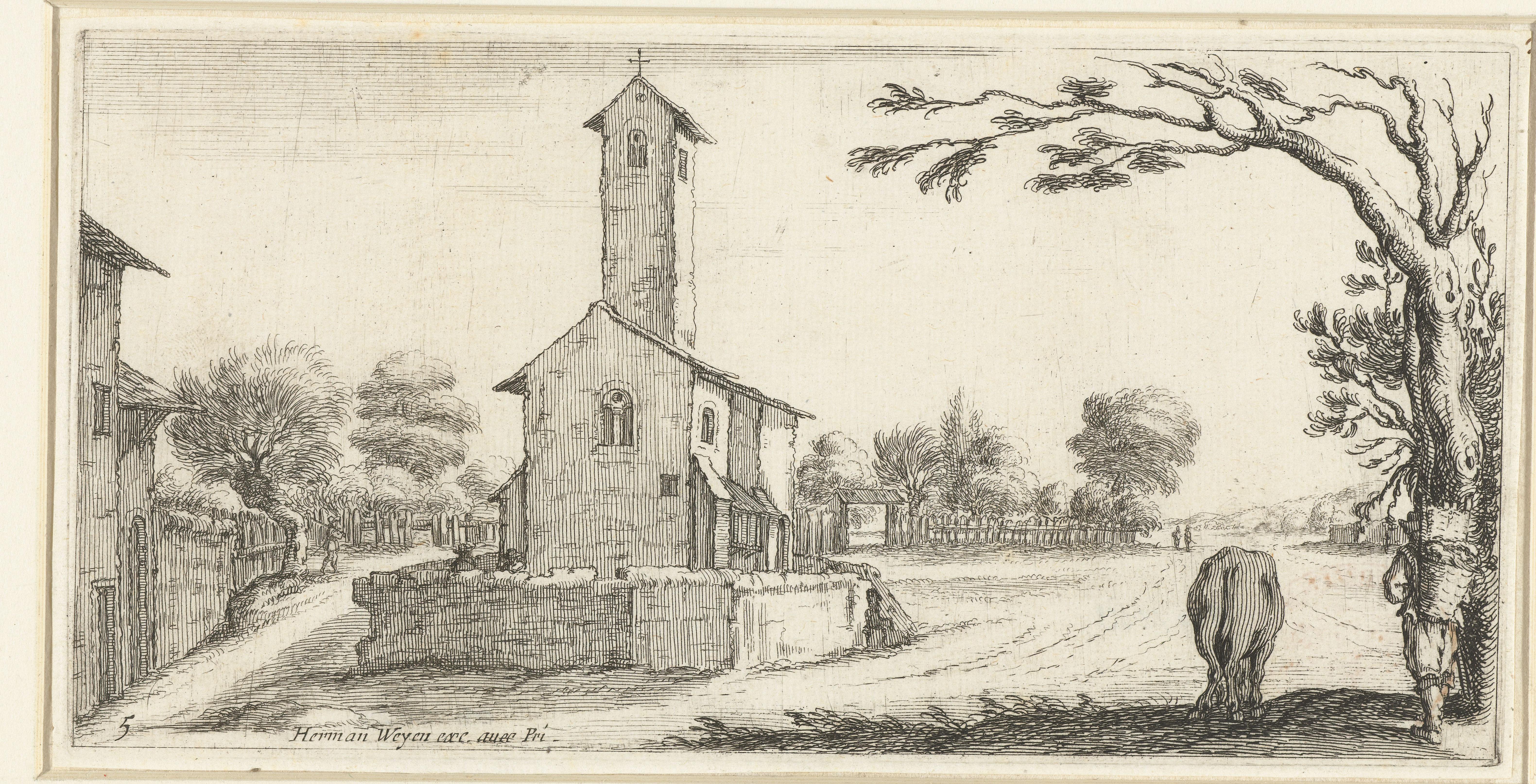 Landschap met een kerk, op de koorzijde gezien