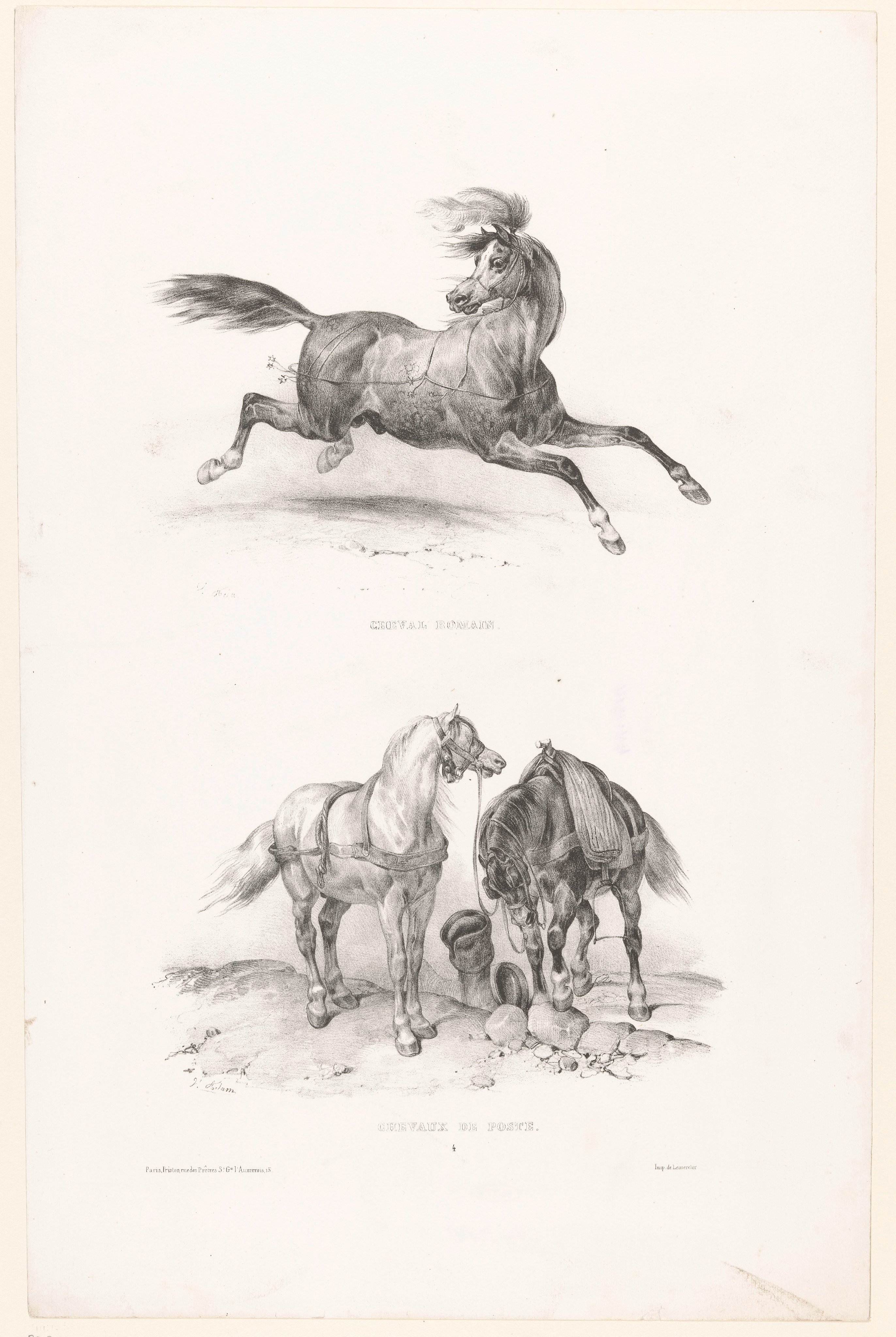 Twee voorstellingen met een Romeins paard en twee postpaarden