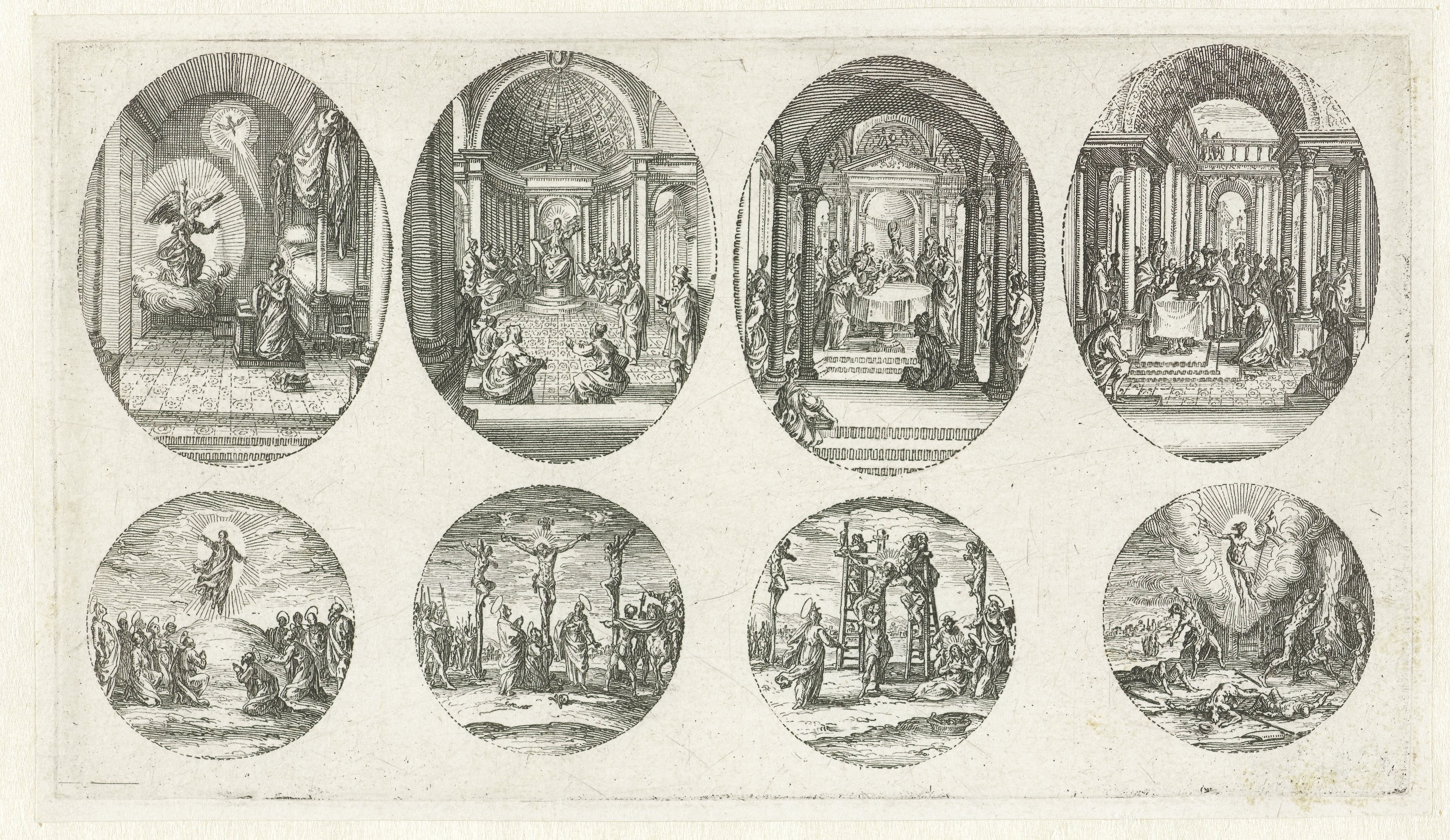 Vier scènes uit het leven van Maria en vier Passiescènes: Annunciatie, De twaalfjarige Christus in de tempel, Besnijdenis van Christus, Presentatie van Christus in de tempel, Hemelvaart, Kruisiging, Kruisafneming, Opstanding