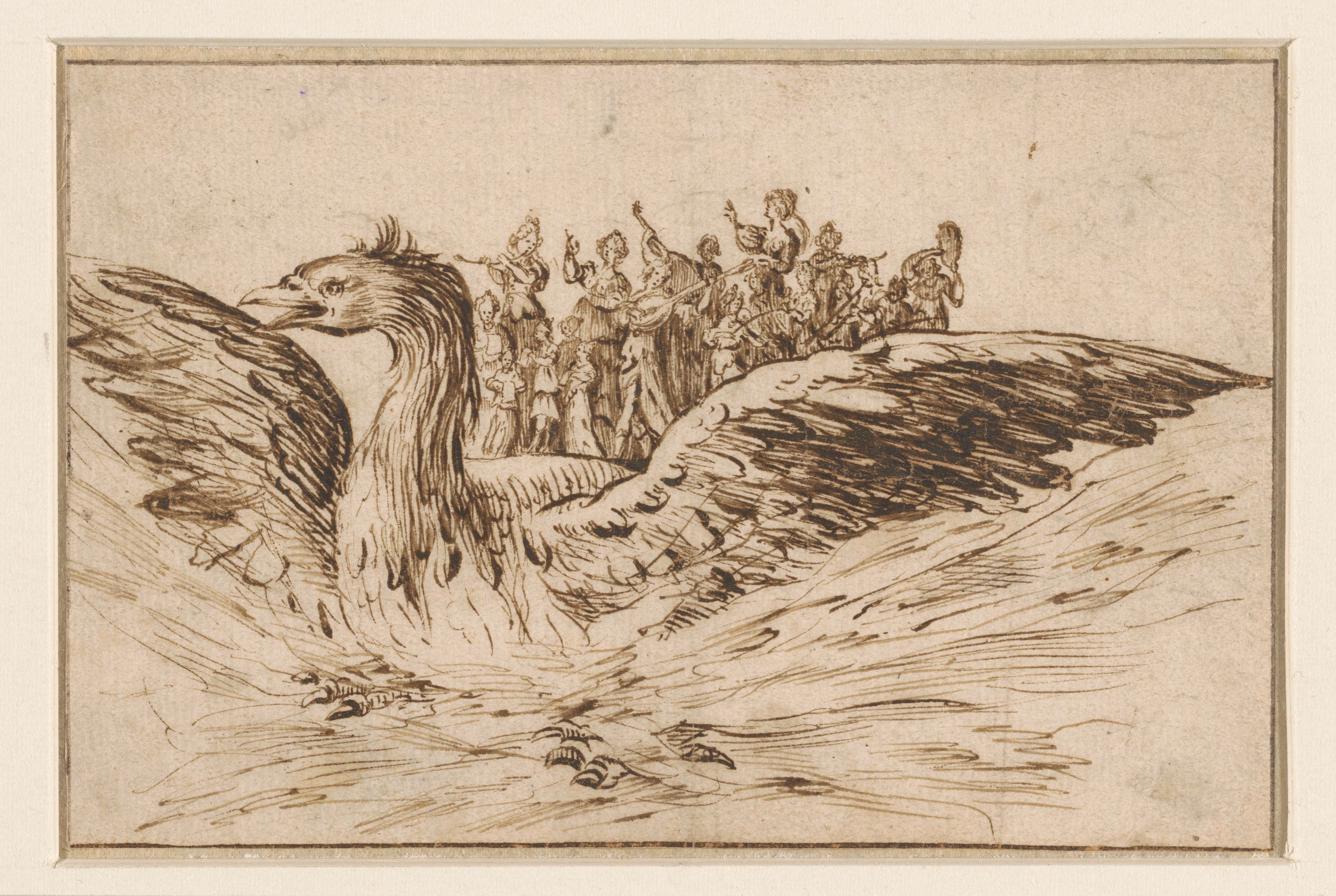Muzikanten op de rug van een grote vogel