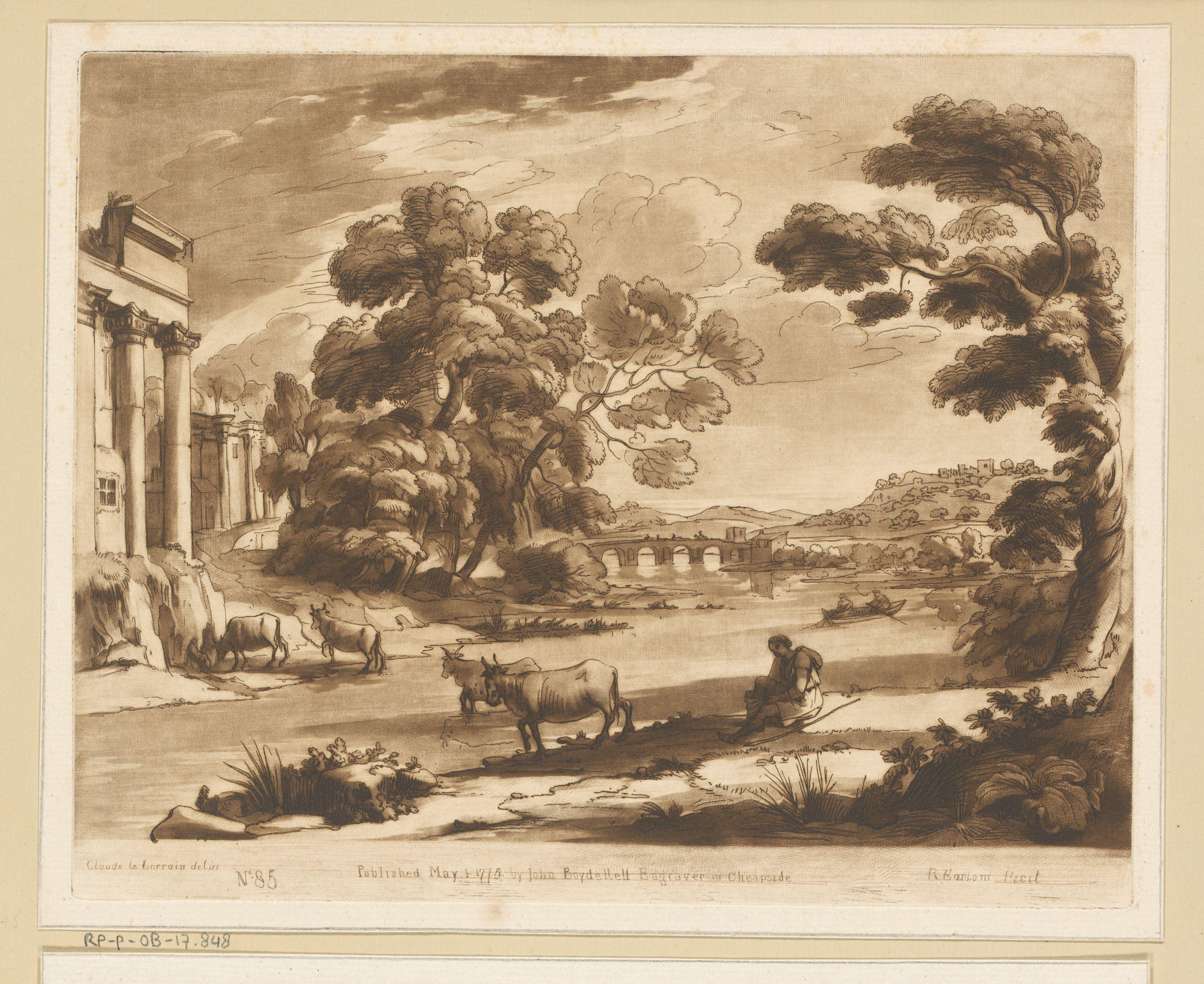Landschap met rustende herder en vier koeien die een rivier oversteken