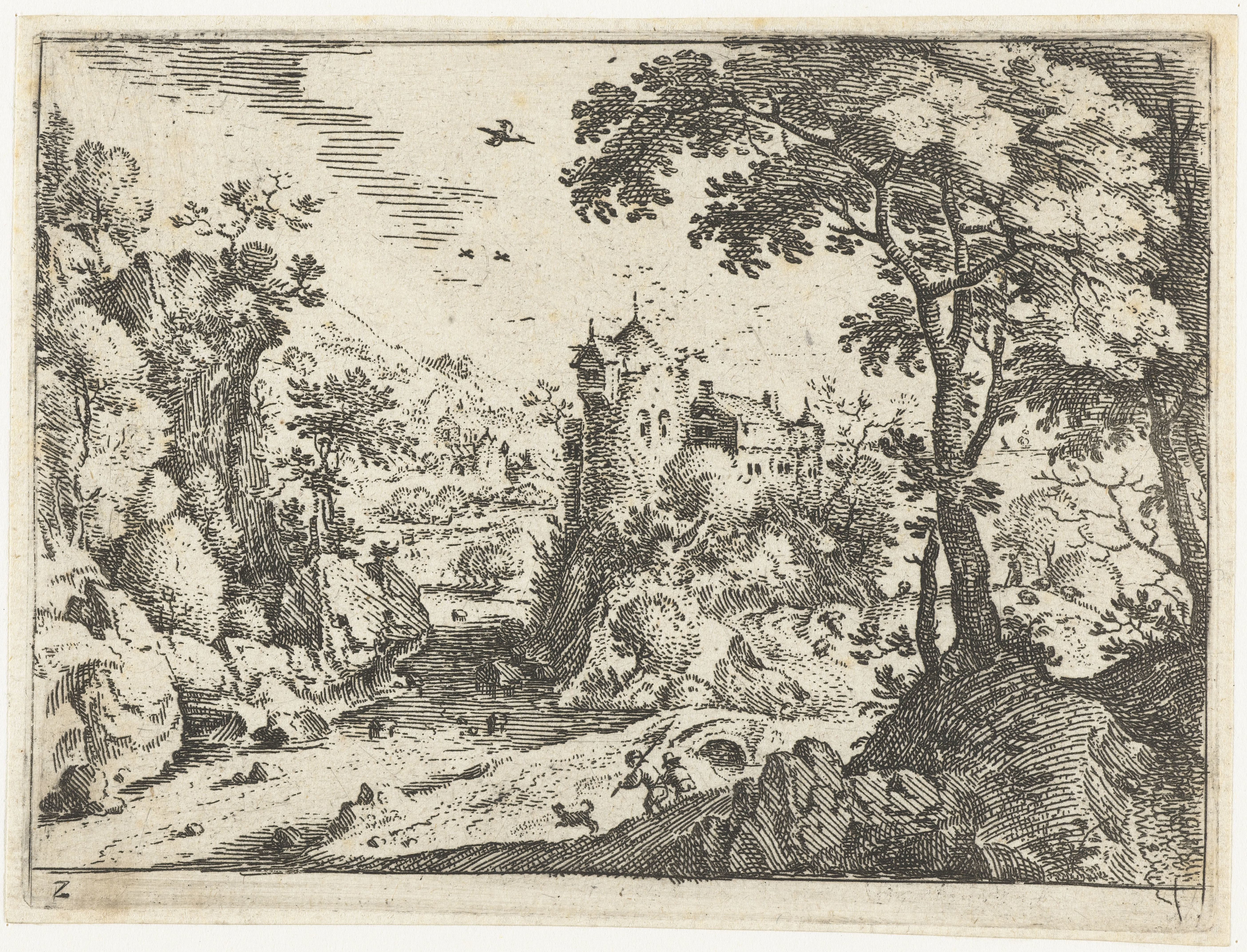 Landschap met reizigers nabij kasteel