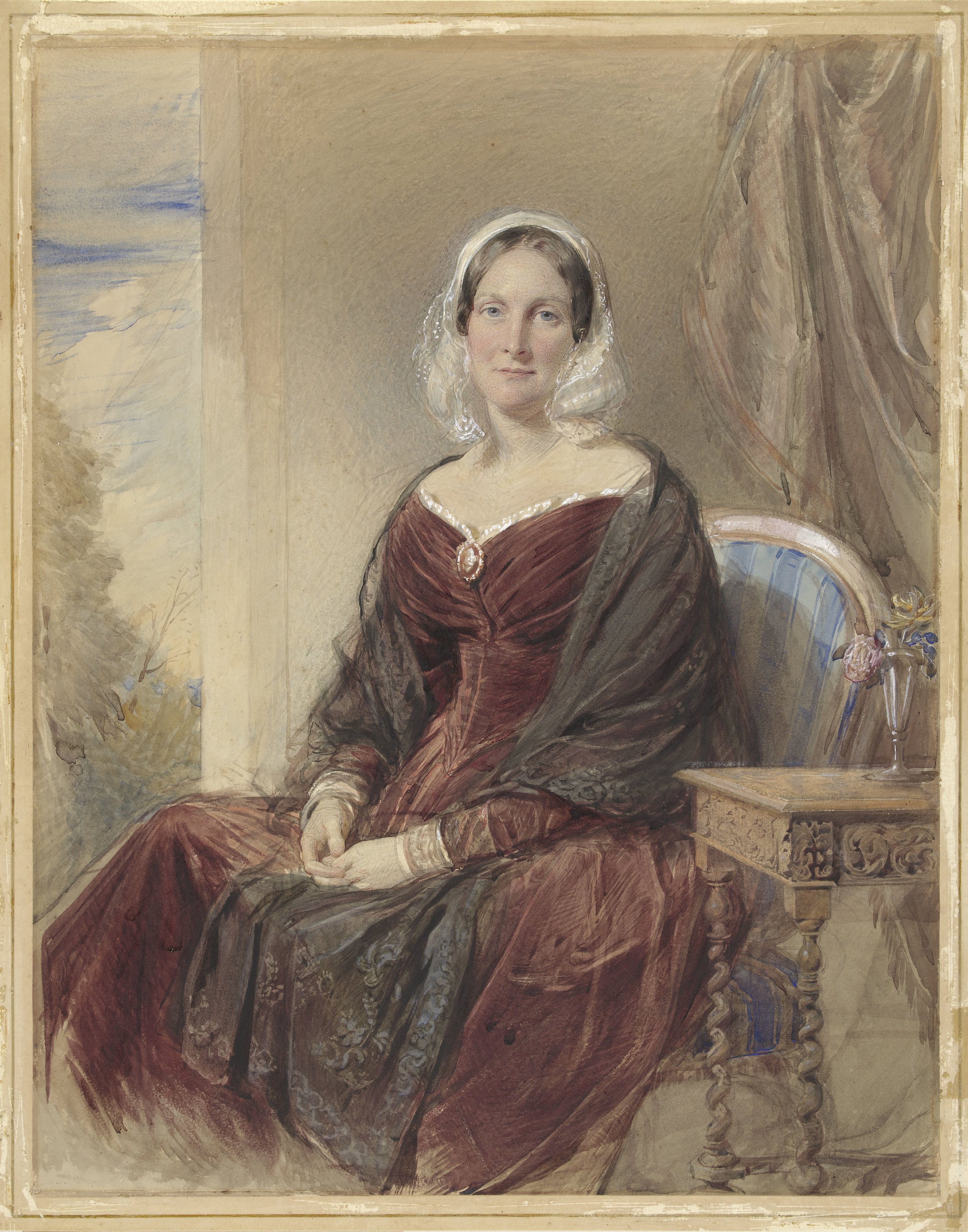 Portret van een zittende dame bij een doorkijk naar buiten