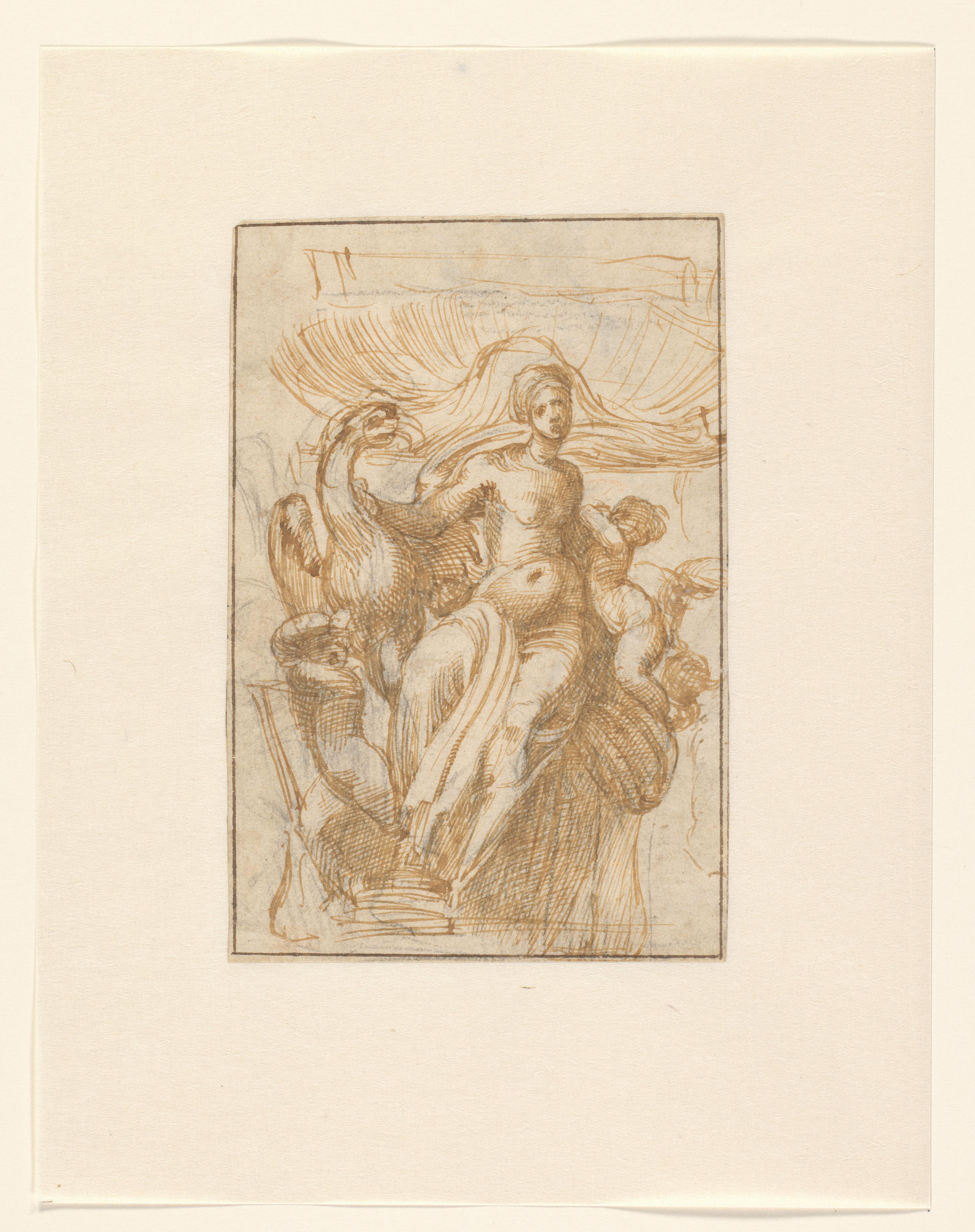 Leda of Venus (?) met vogel en putti voor een schelp