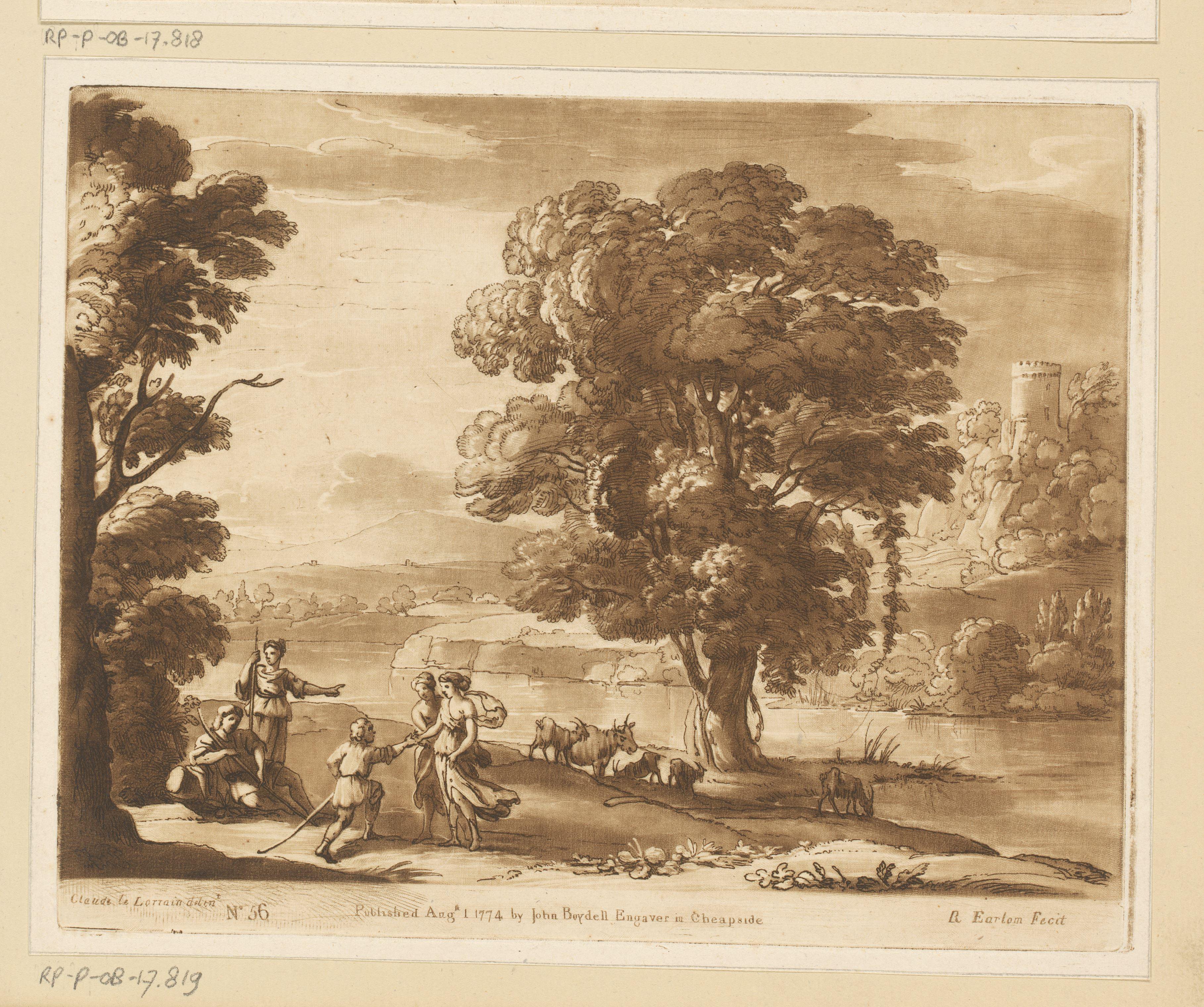 Landschap met vijf herders en vee aan een rivieroever