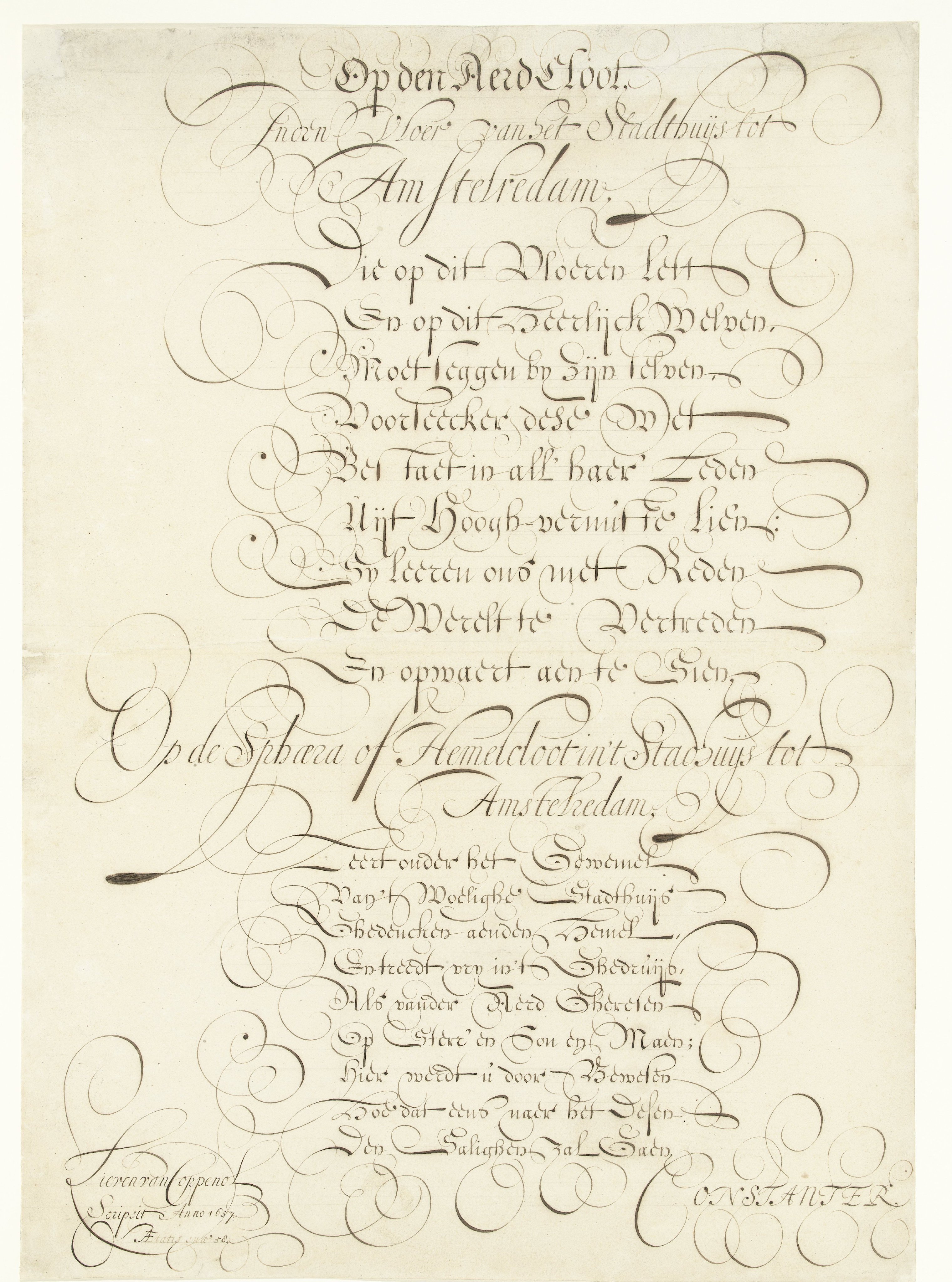 Kalligrafisch schrift gewijd aan de kaarten van de aarde en de hemel in de vloer van het Amsterdamse Stadhuis