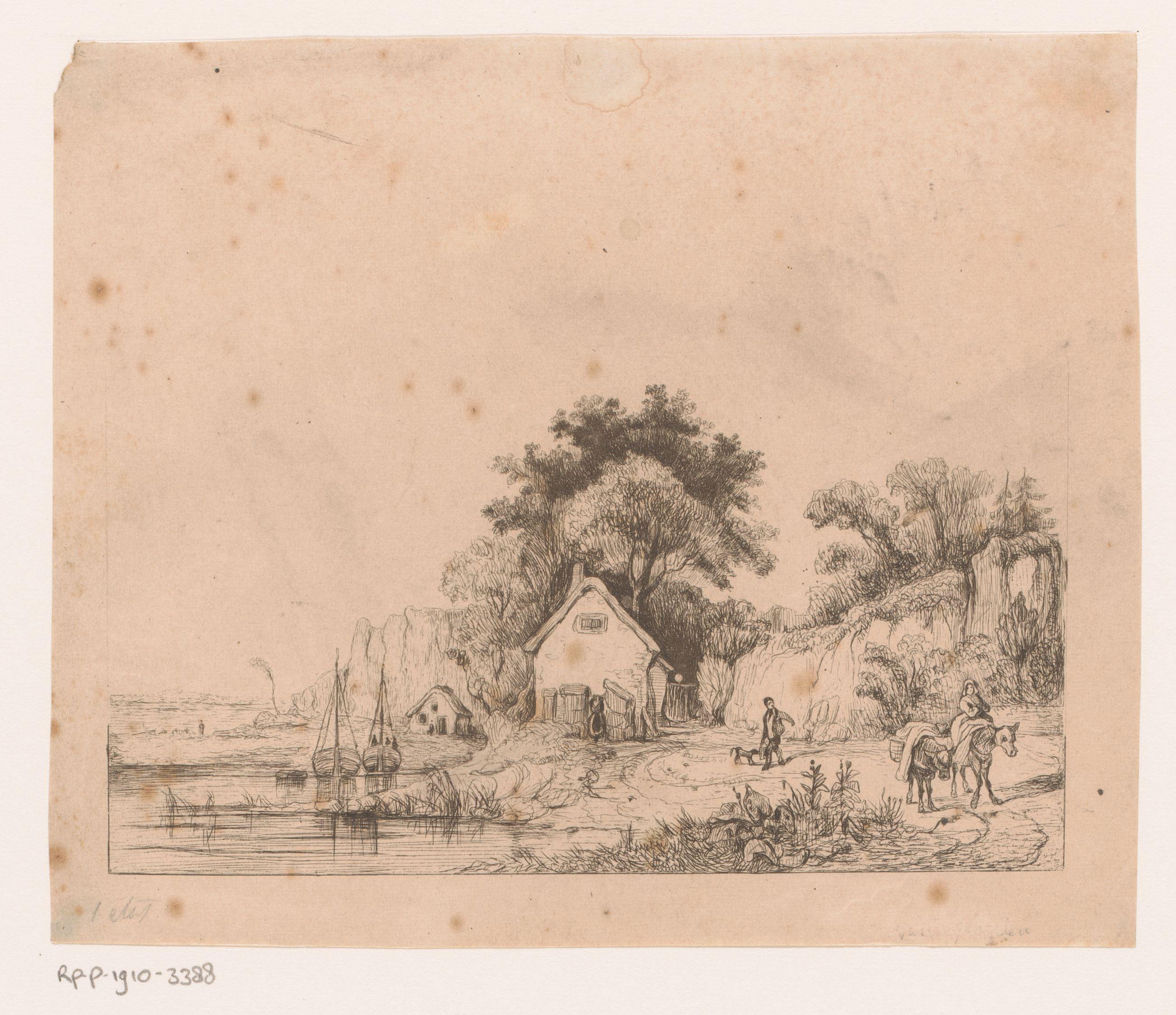 Kustlandschap met enkele huizen en twee boten in het water