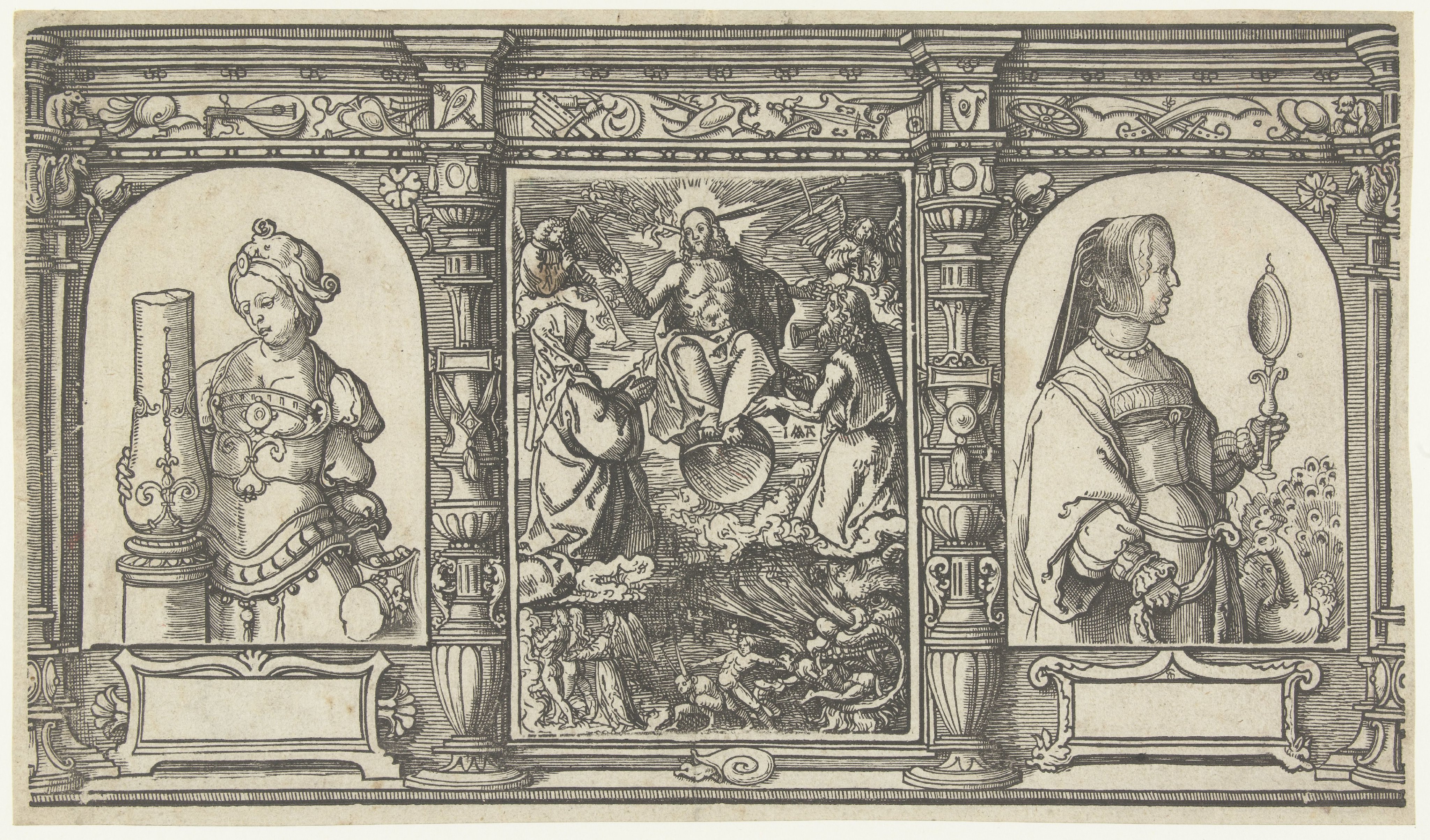 Het Laatste Oordeel en personificaties van Kracht (Fortitudo) en IJdelheid (Vanitas)