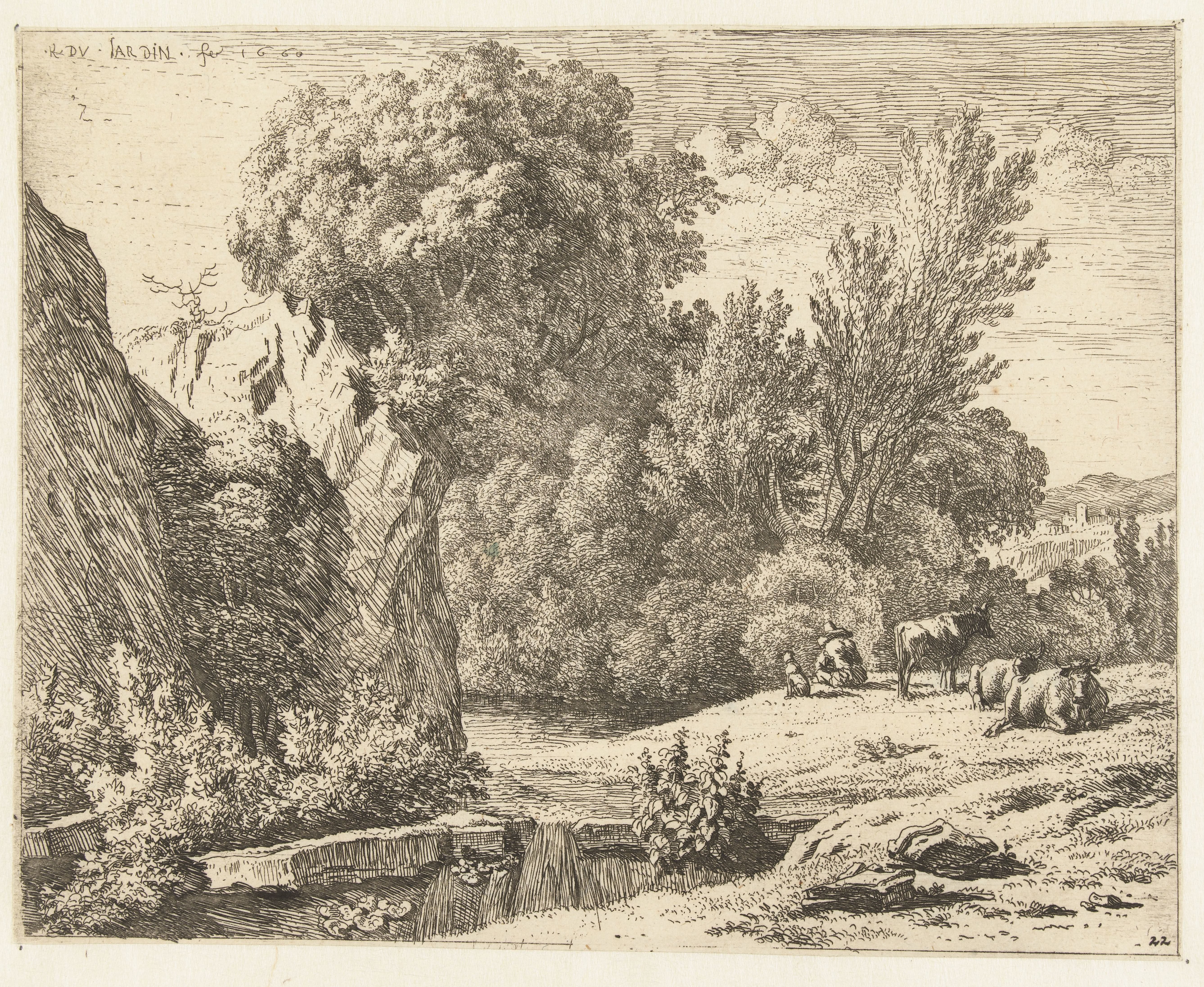 Landschap met herder en drie koeien