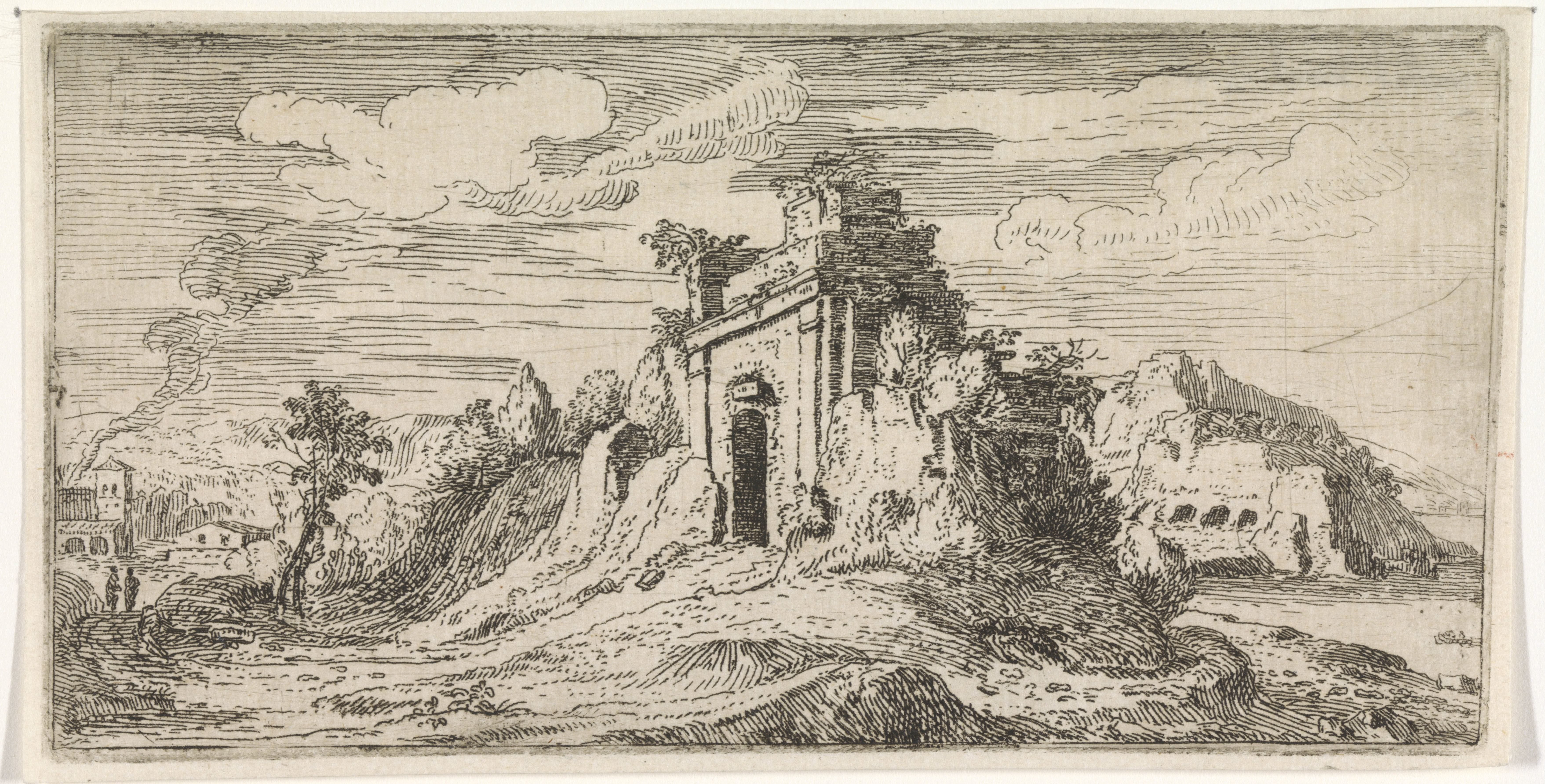 Landschap met de ruïnes van een poort