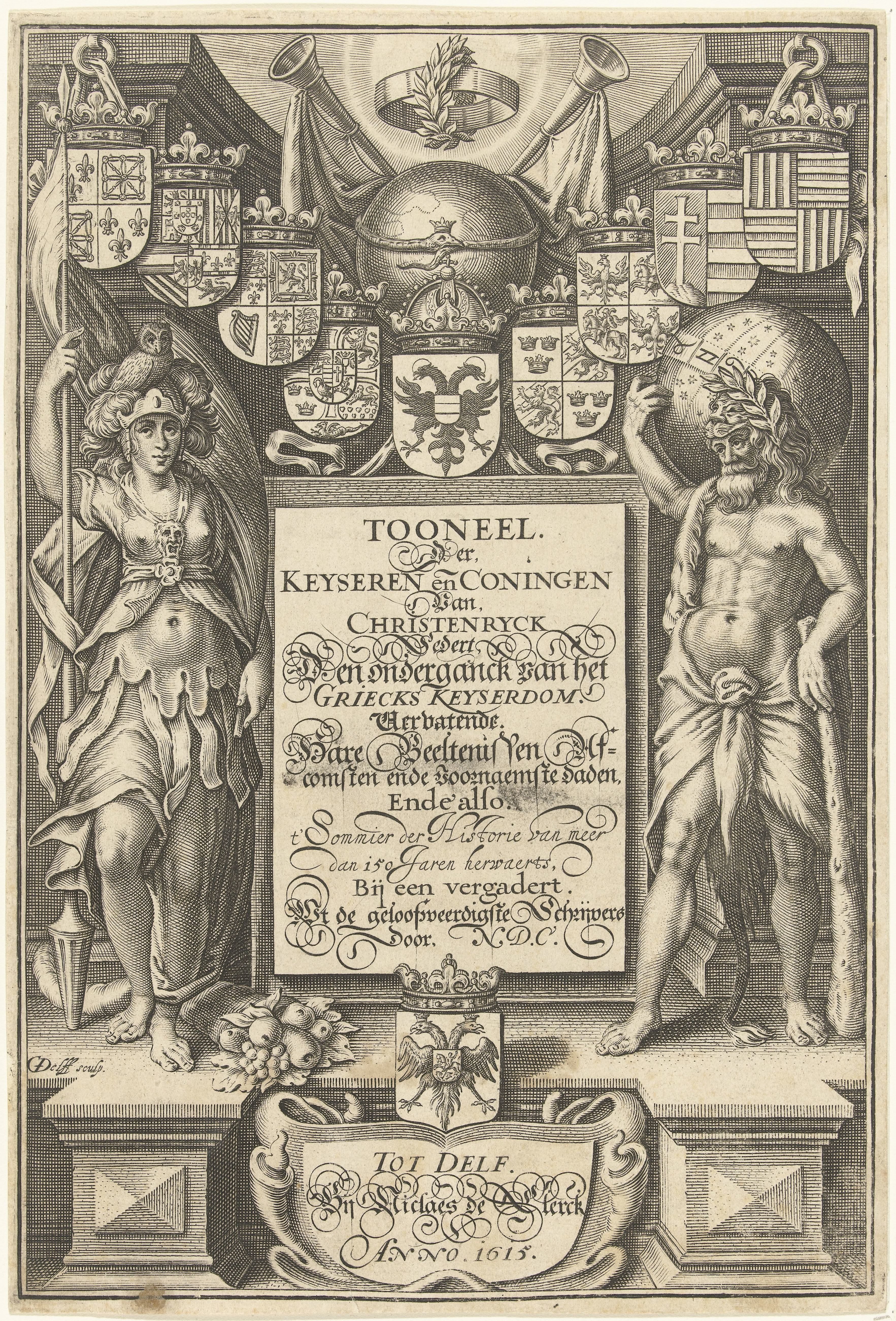 Hercules en Minerva staand aan weerszijden van cartouche met titel, bekroond met wapenschilden, globe en bazuinen