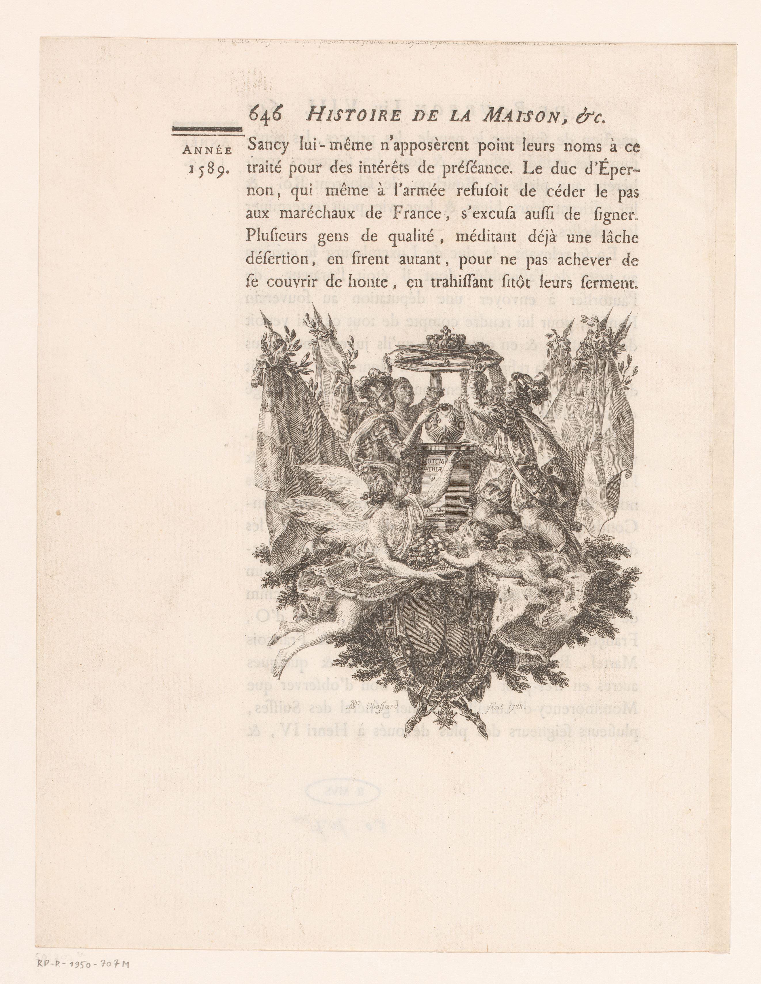 Allegorische voorstelling met wapenschild en kroon